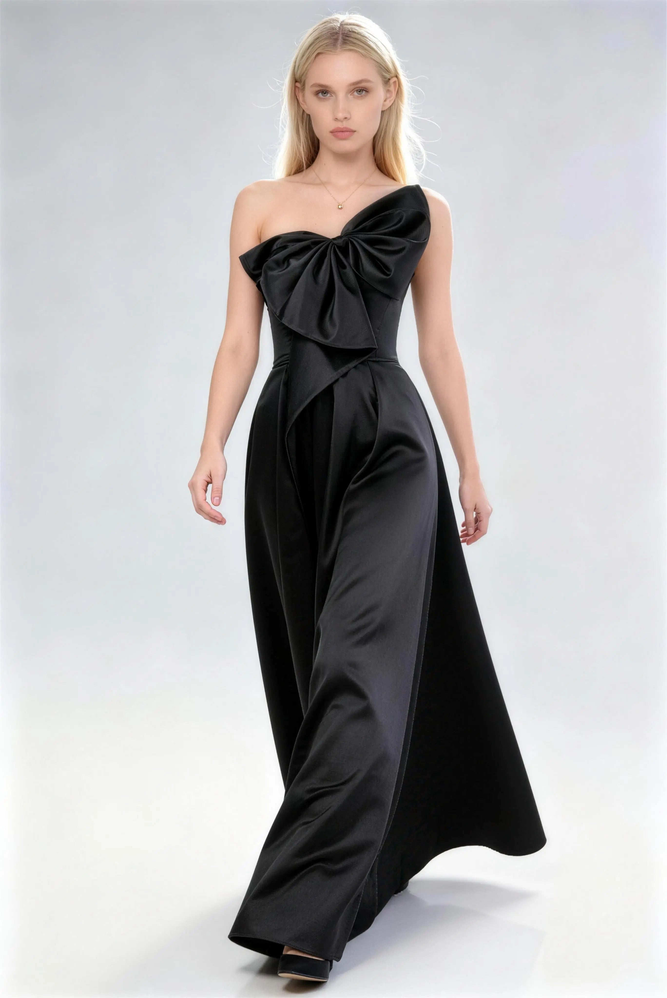 Phoehua Walking Pose of Black One‑Shoulder Oversized Bow Evening Gown, Acetate Satin A‑Line Elegant Long Formal Party Dress