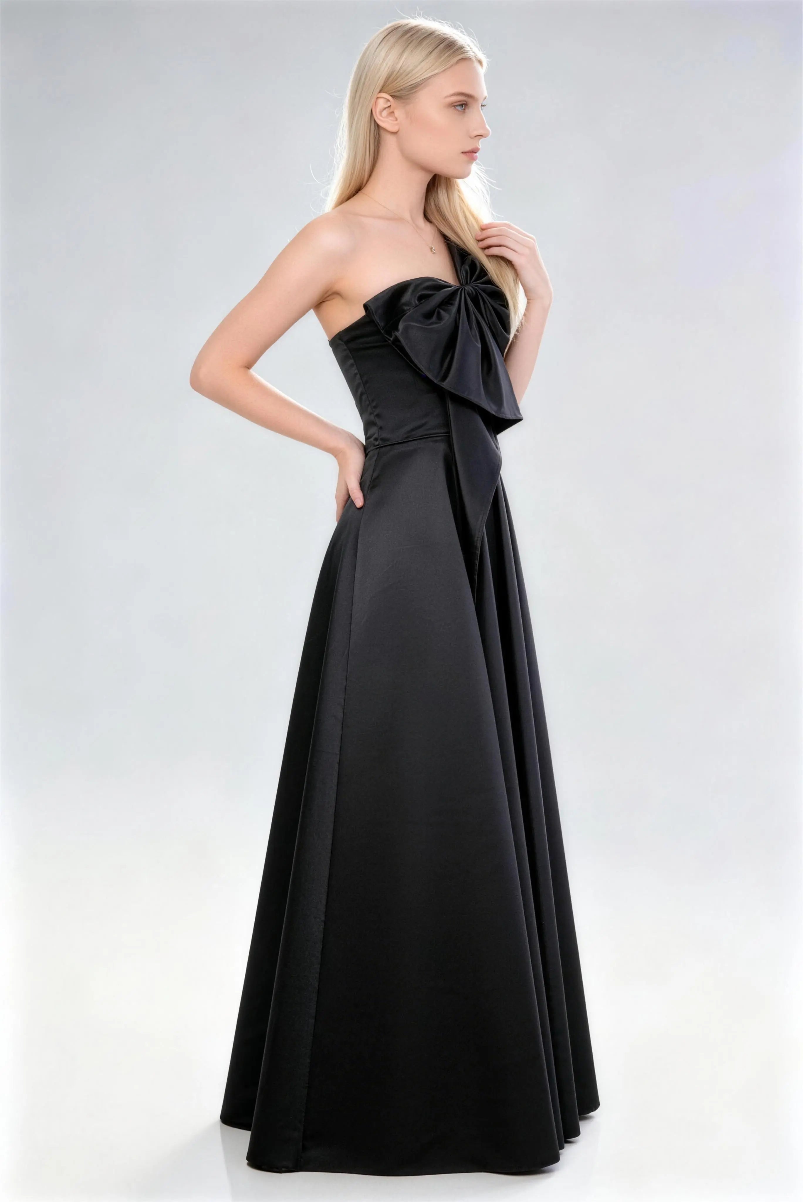 Phoehua Side View of Black One‑Shoulder Bow Satin Long Dress, Mid‑Waist Fitted Lace‑Up Back Luxury Formal Evening Gown