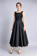 Phoehua Black Square Neck Sleeveless Satin Midi Dress, Front View High‑Waist A‑Line Elegant Formal Wedding Guest Party Gown
