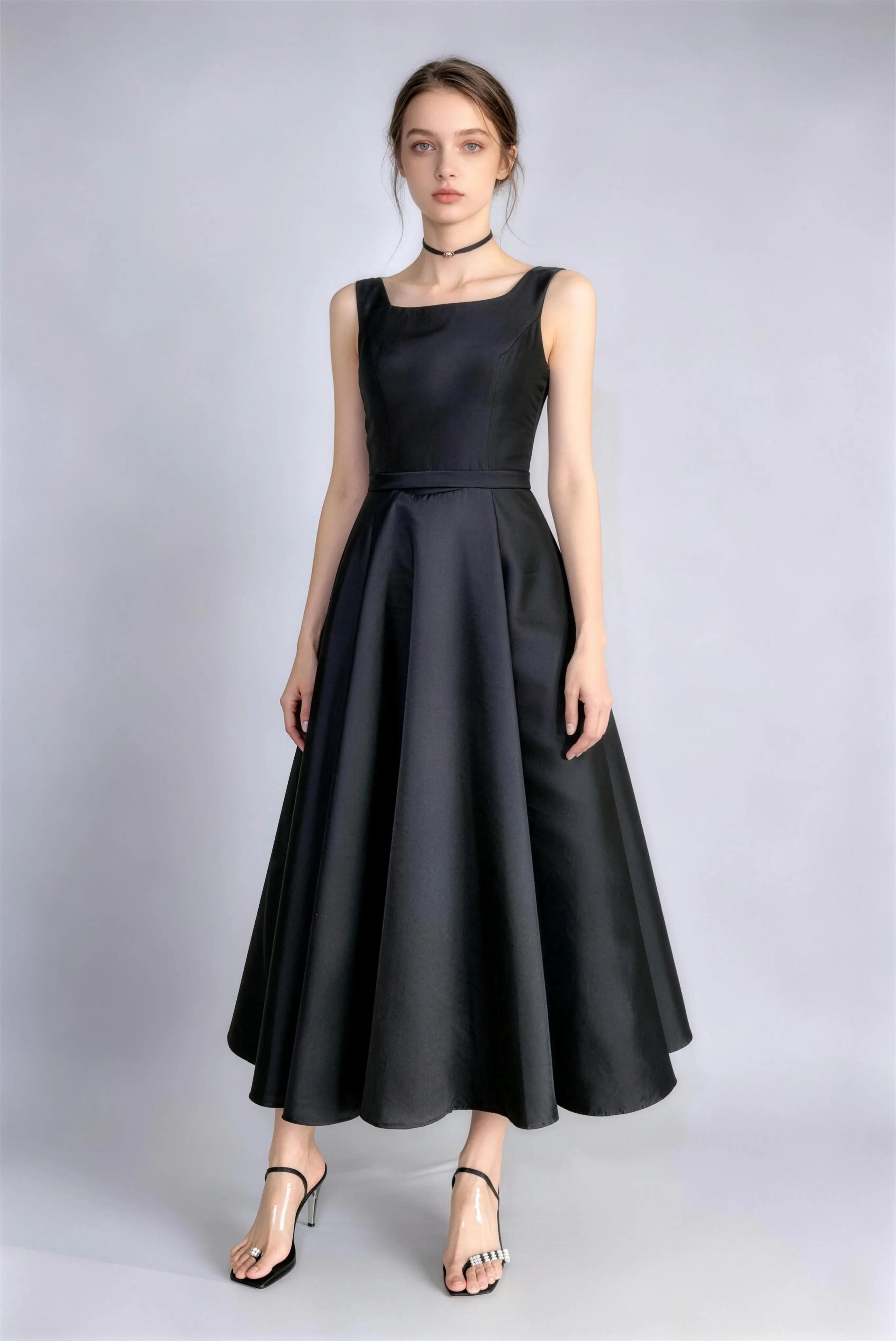 Phoehua Black Square Neck Sleeveless Satin Midi Dress, Front View High‑Waist A‑Line Elegant Formal Wedding Guest Party Gown