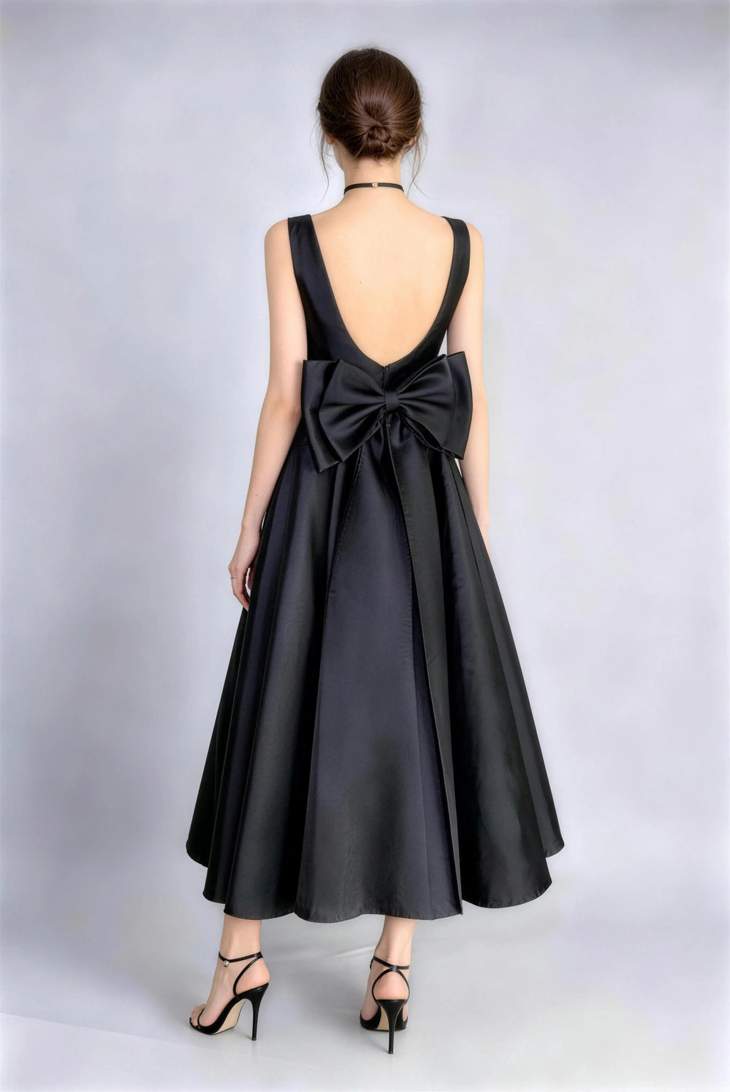 Phoehua Back View of Black Square Neck Midi Dress, Deep V‑Back Oversized Bow High‑Waist A‑Line Satin Formal Evening Gown