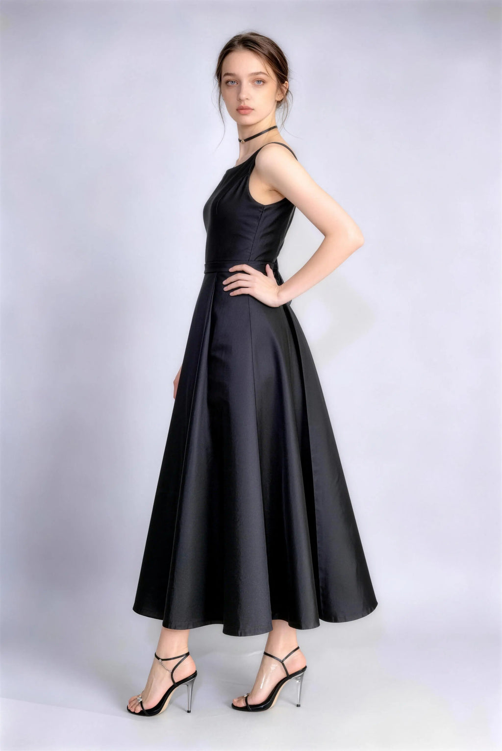 Phoehua Side View of Black Square Neck Bow‑Back Satin Dress, High‑Waist A‑Line Elegant Midi Formal Party Gown
