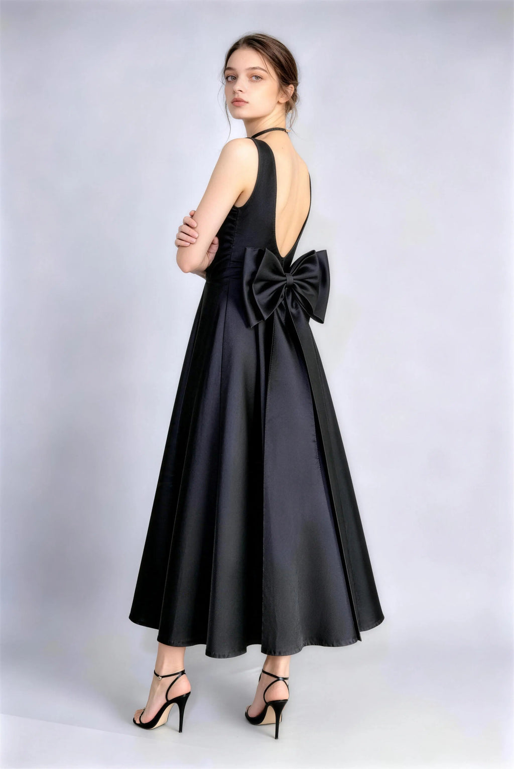 Phoehua Back Side View of Black Bow‑Back Satin Midi Dress, Deep‑V‑Back High‑Waist Elegant Formal Evening Party Dress