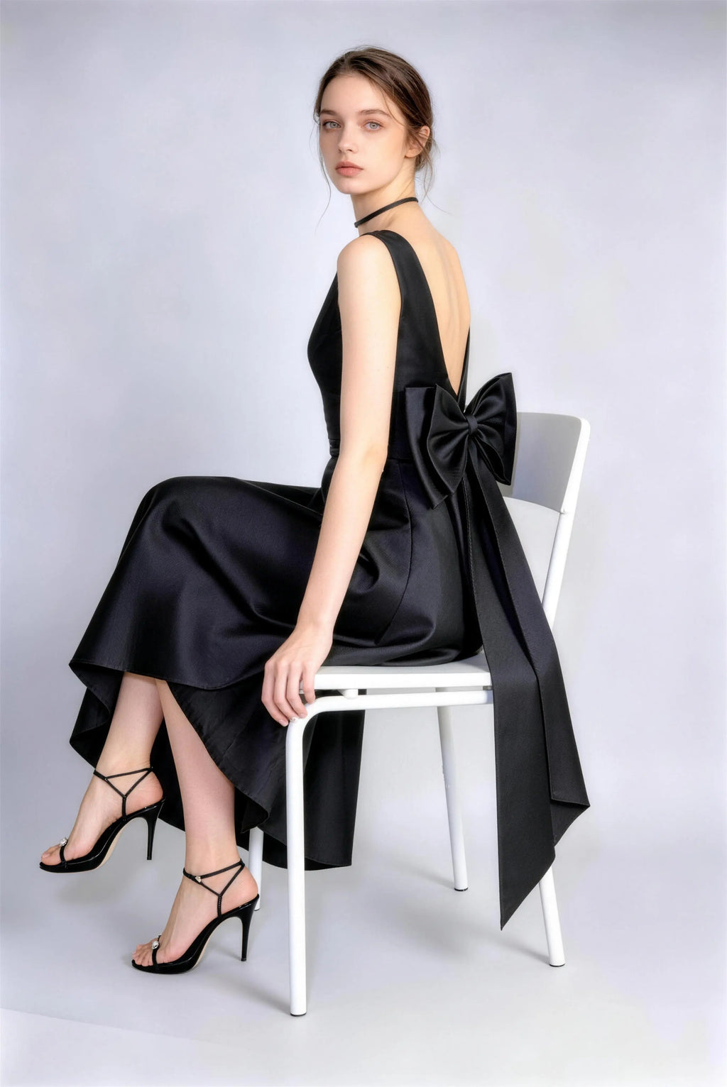 Square Neck Bow Back Satin A‑Line Midi Formal Dress