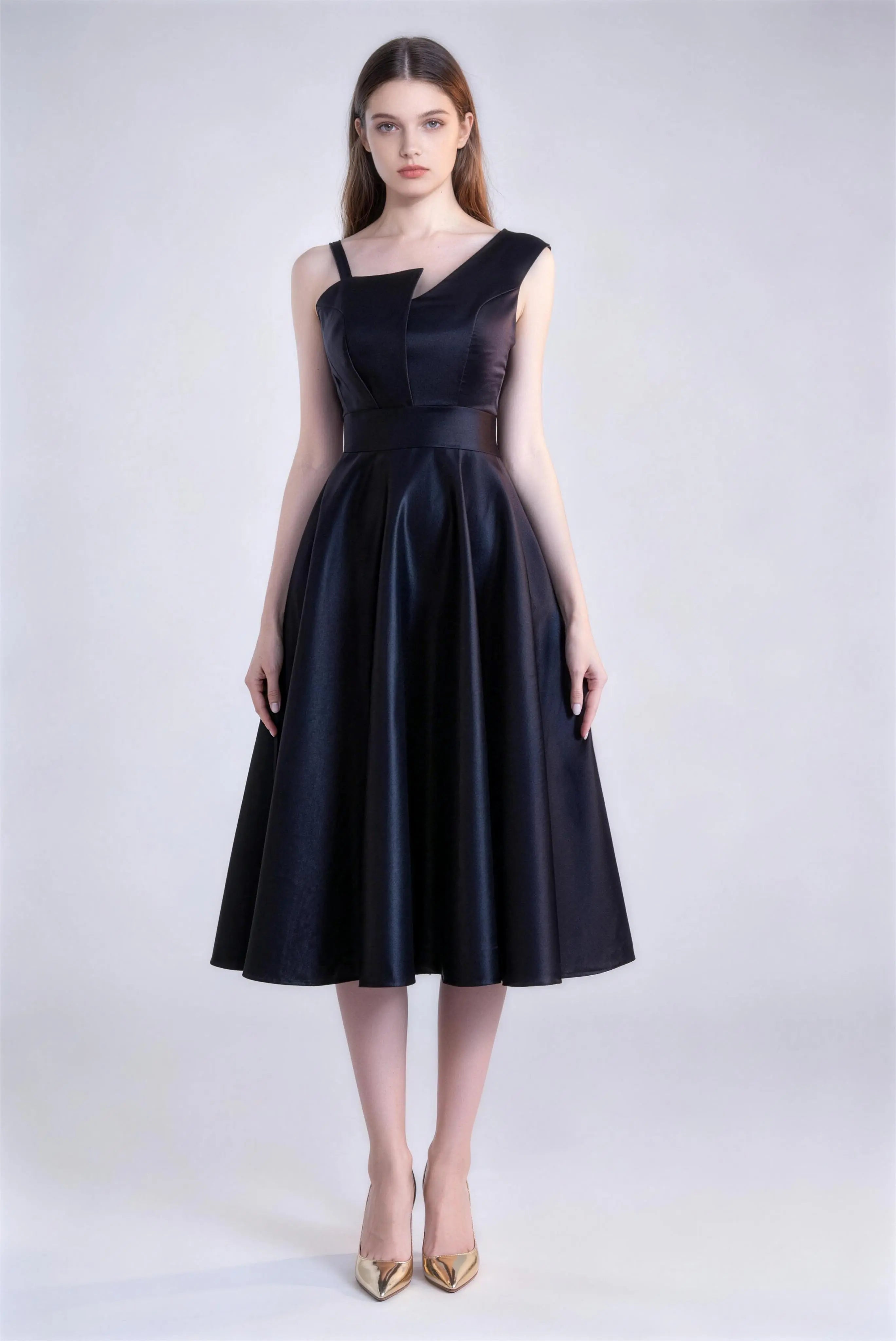 Phoehua Black Asymmetrical One‑Strap Satin A‑Line Midi Dress, Front View Mid‑Waist Elegant Formal Wedding Guest Party Gown
