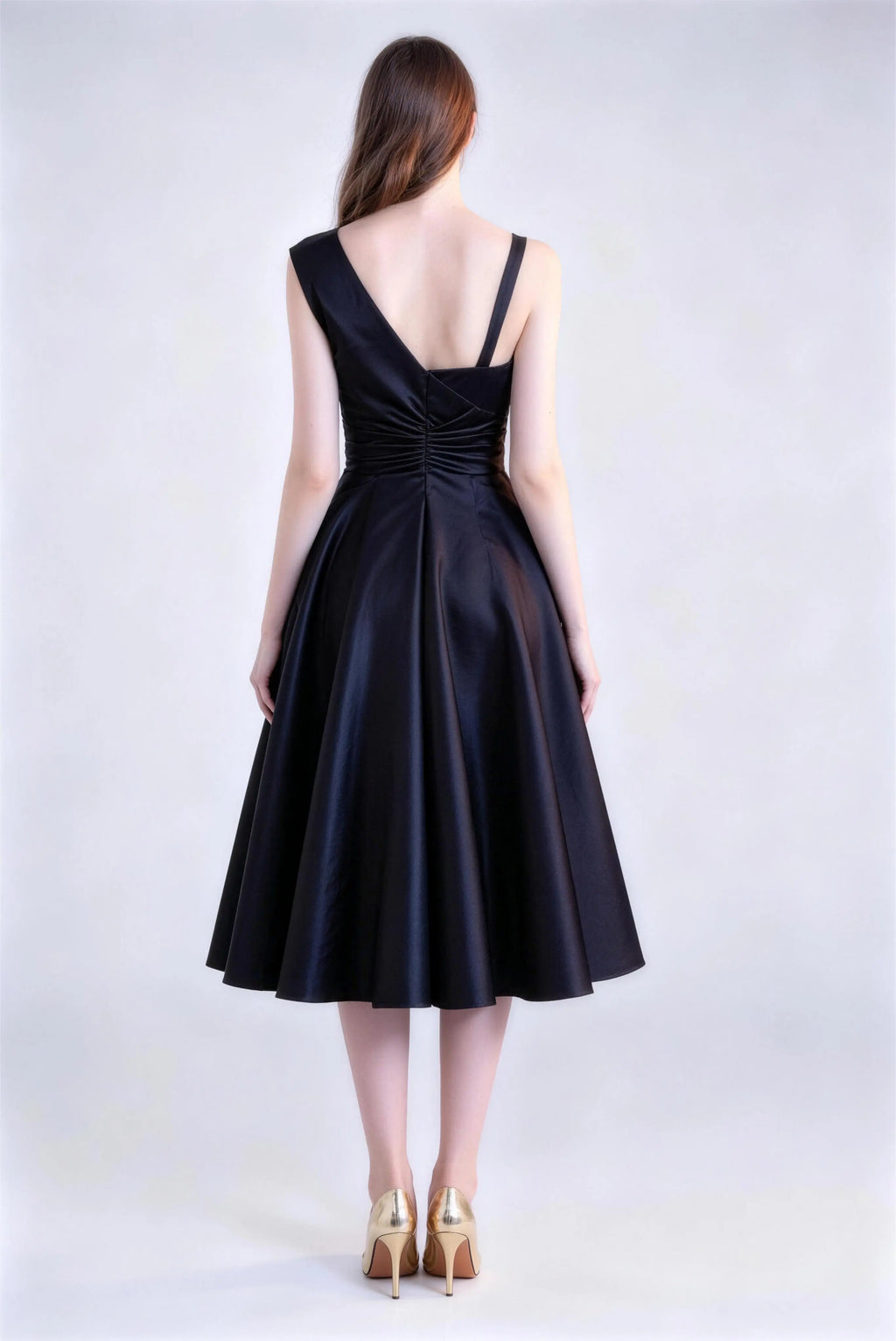 Phoehua Back View of Black Asymmetrical Strap Midi Dress, Ruched Deep‑V‑Back Mid‑Waist Satin Formal Evening Gown