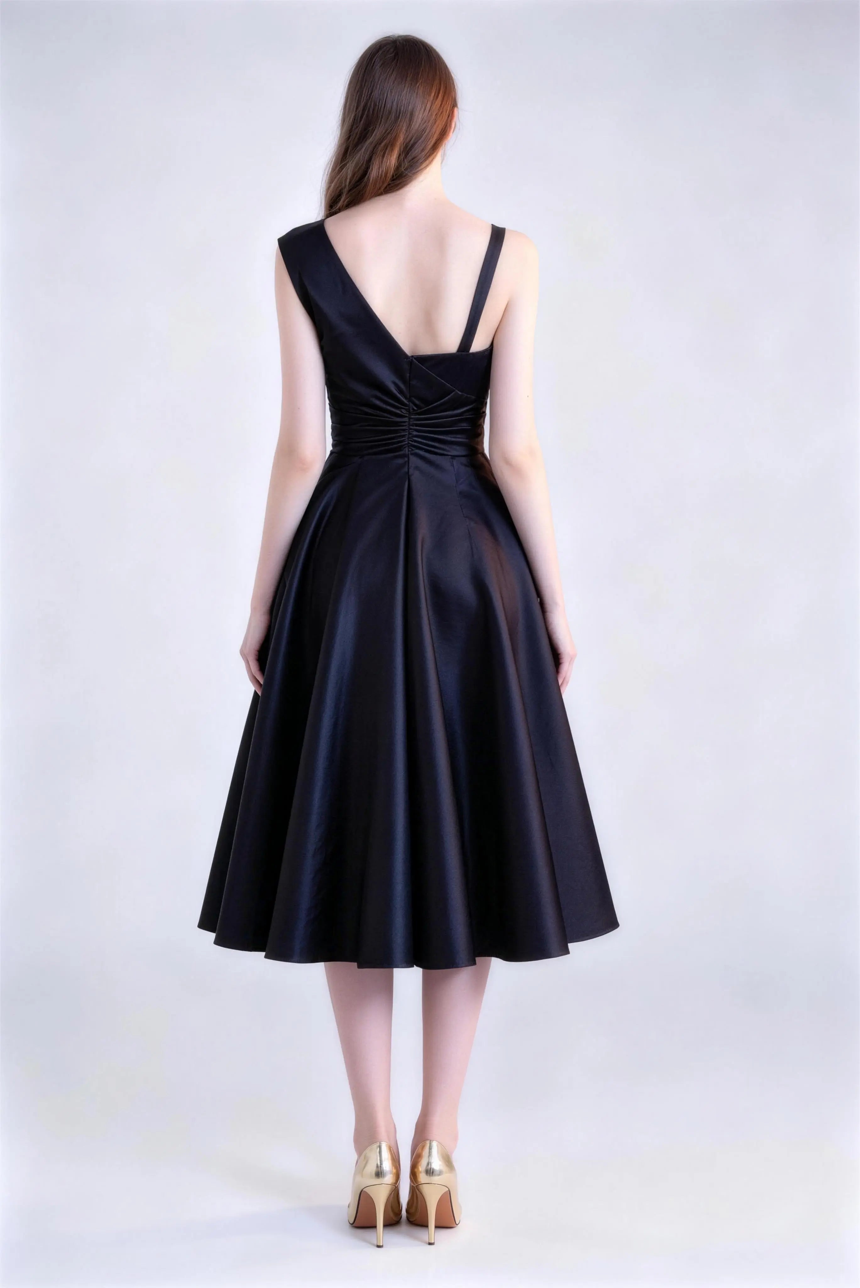 Phoehua Back View of Black Asymmetrical Strap Midi Dress, Ruched Deep‑V‑Back Mid‑Waist Satin Formal Evening Gown