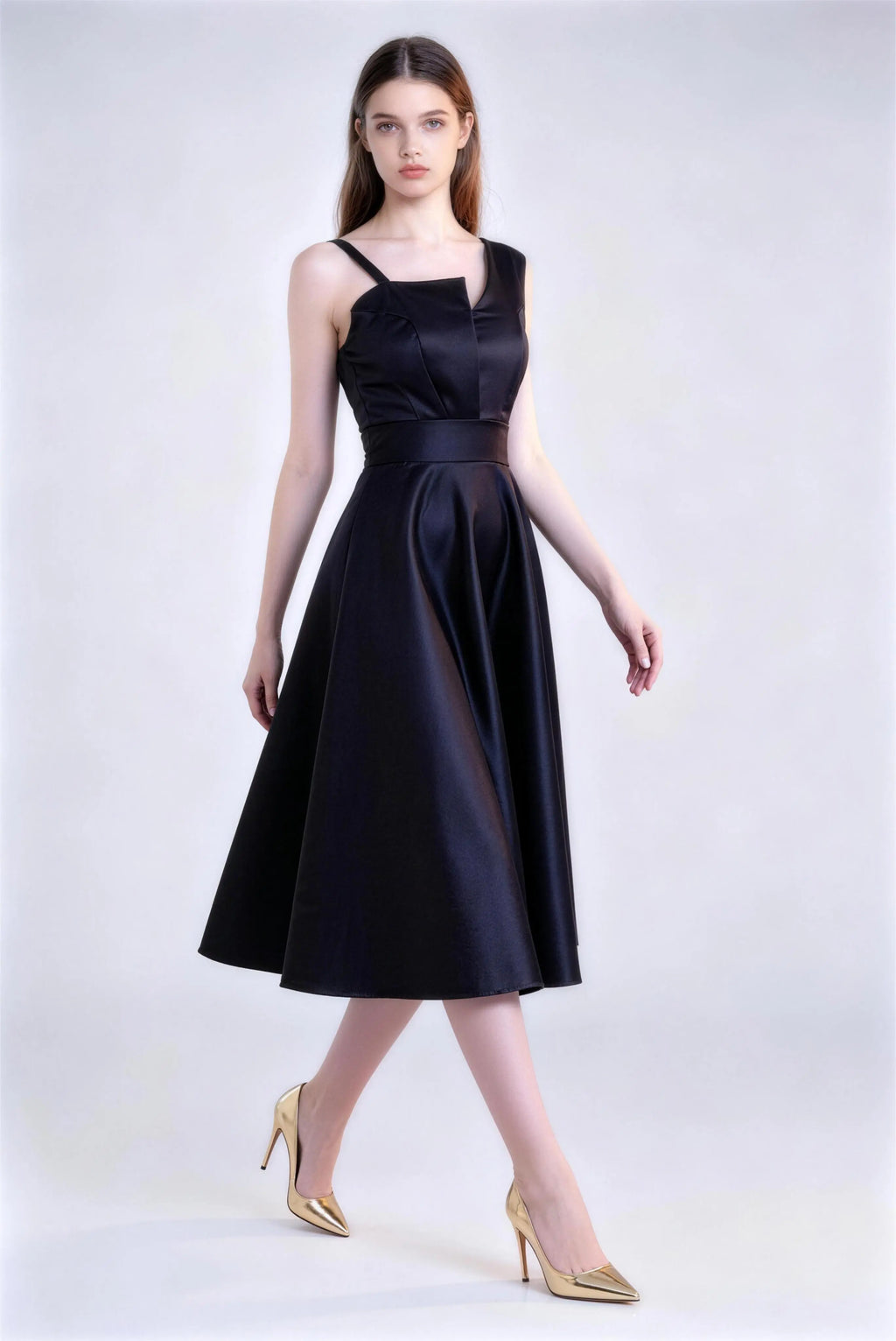Phoehua Walking Pose of Black One‑Strap Satin Midi Gown, Asymmetrical Neck A‑Line Elegant Formal Party Dress