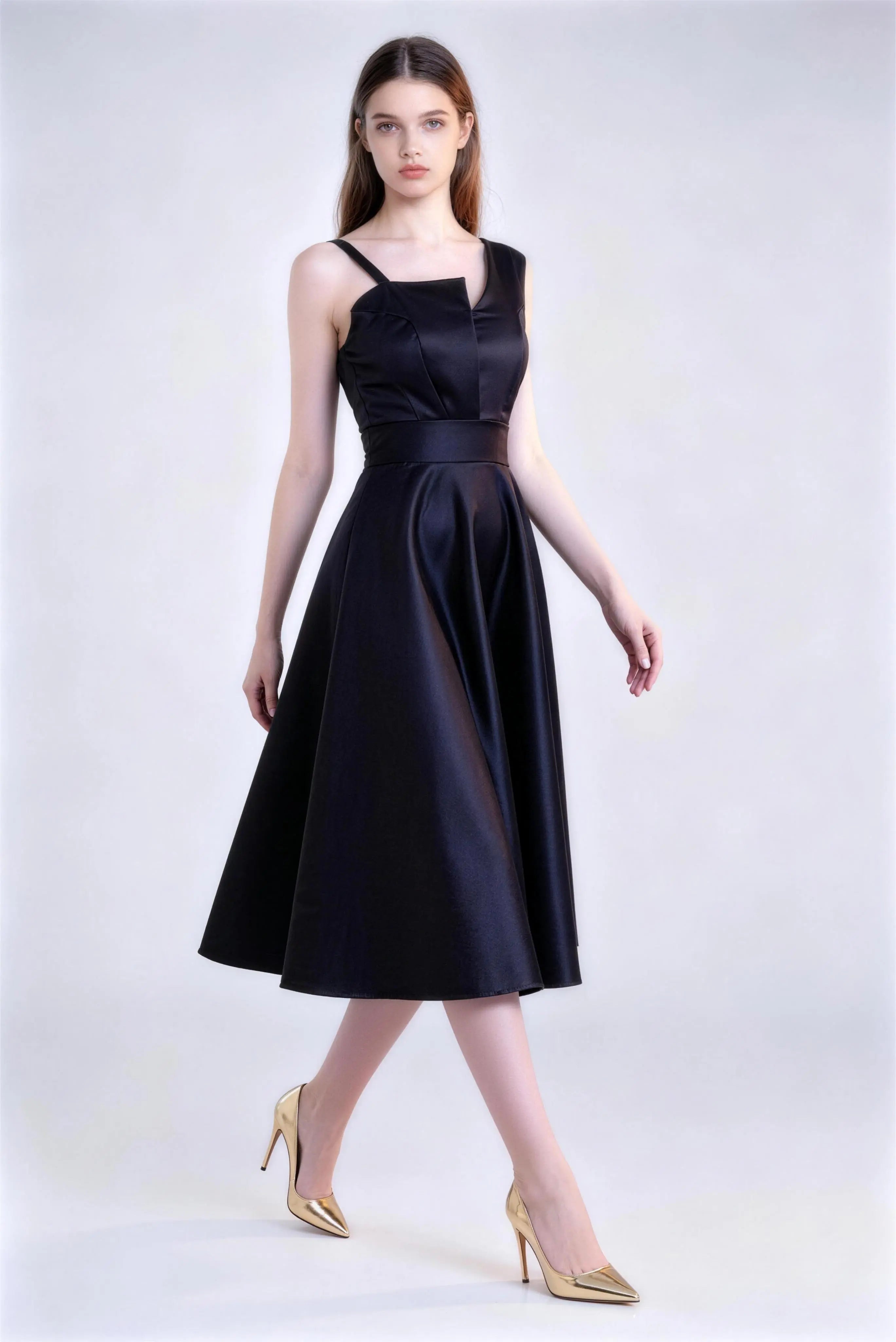 Phoehua Walking Pose of Black One‑Strap Satin Midi Gown, Asymmetrical Neck A‑Line Elegant Formal Party Dress