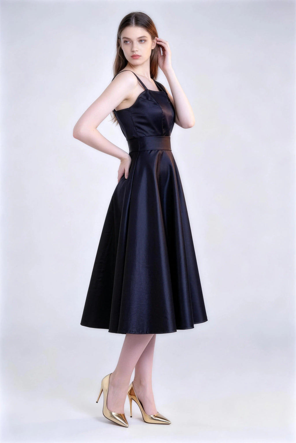Phoehua Side View of Black Asymmetrical Strap Satin Long Dress, Mid‑Waist Ruched‑Back Luxury Formal Evening Gown