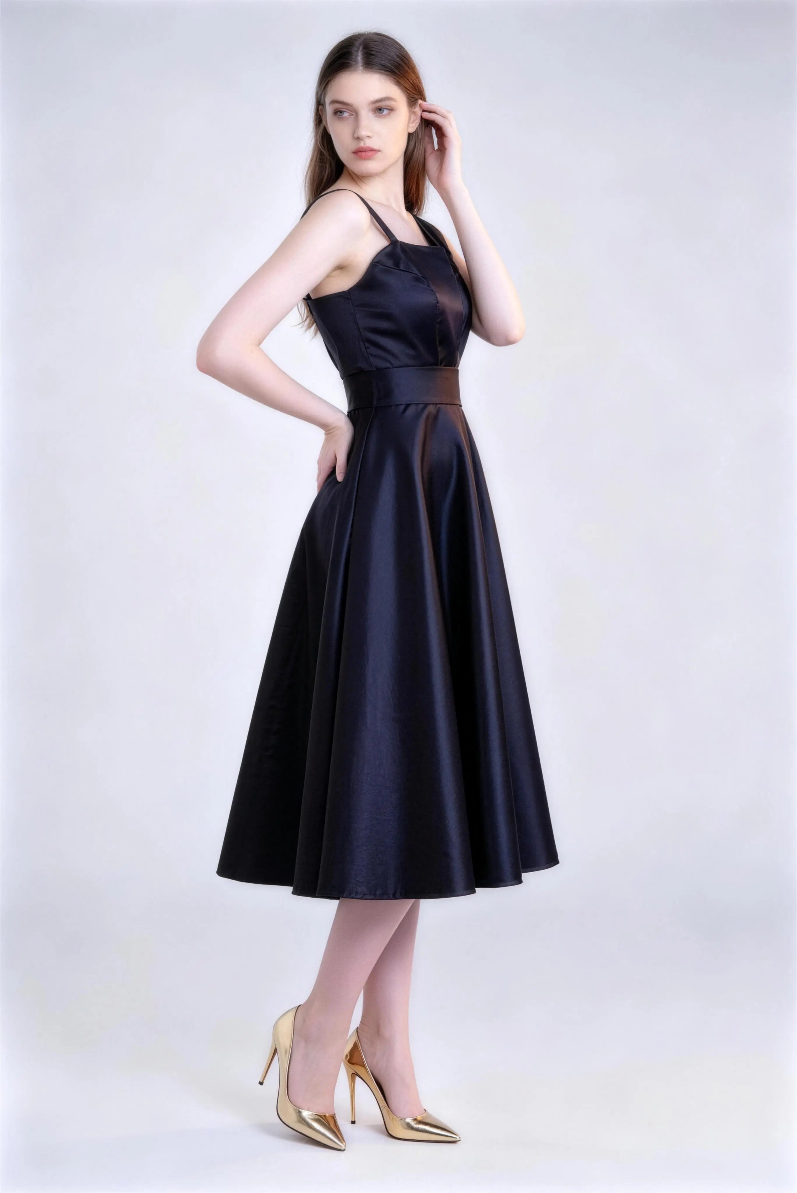 Phoehua Side View of Black Asymmetrical Strap Satin Long Dress, Mid‑Waist Ruched‑Back Luxury Formal Evening Gown