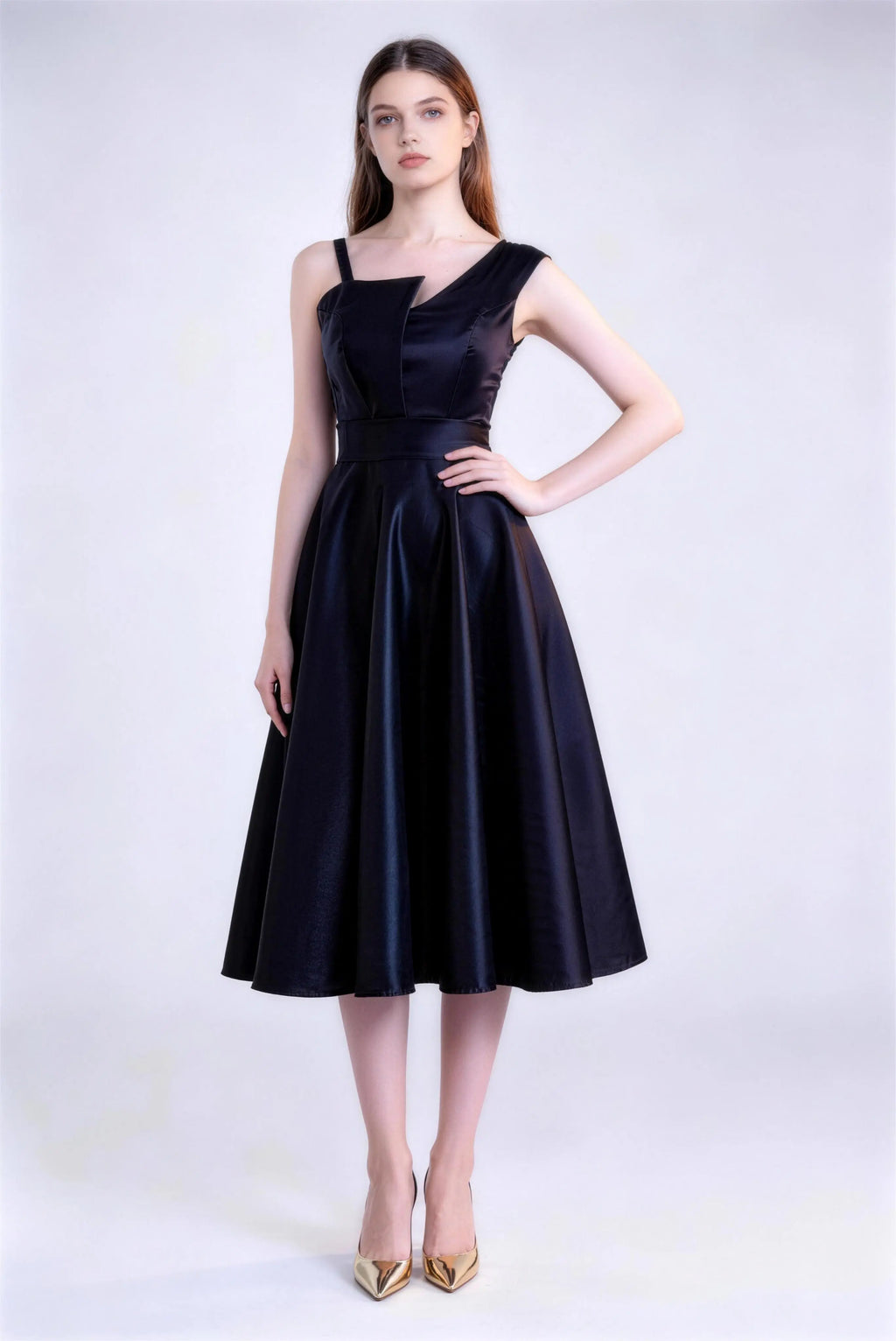 Phoehua Front Pose of Black One‑Strap Midi Dress, Silky Satin A‑Line Elegant Wedding Guest Formal Party Gown