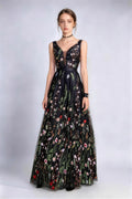 Phoehua Black Sleeveless V‑Neck 3D Floral Embroidered Tulle A‑Line Long Evening Gown, Front View Mid‑Waist Elegant Formal Wedding Guest Party Dress