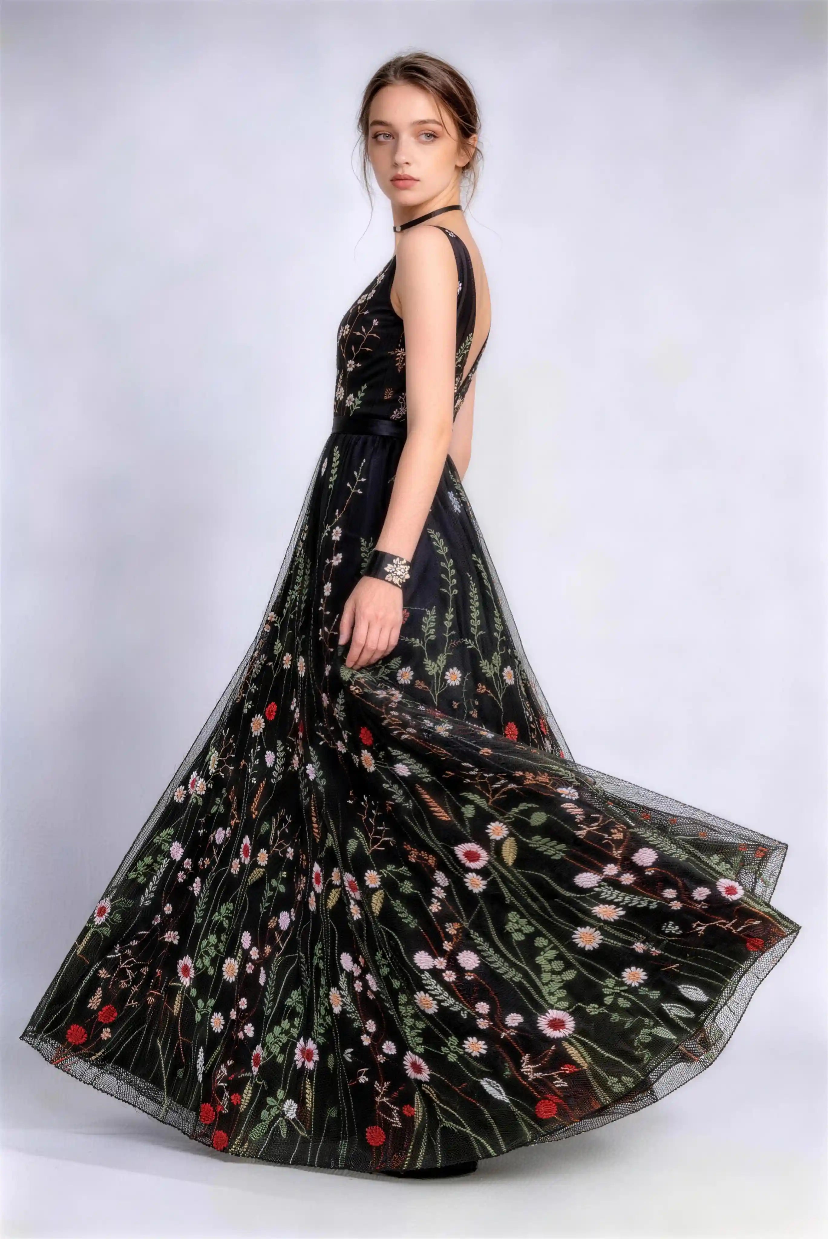 Phoehua Flowing Side View of Black Floral Embroidered Evening Gown, 3D Stereo Pattern Tulle A‑Line Elegant Wedding Guest Formal Dress
