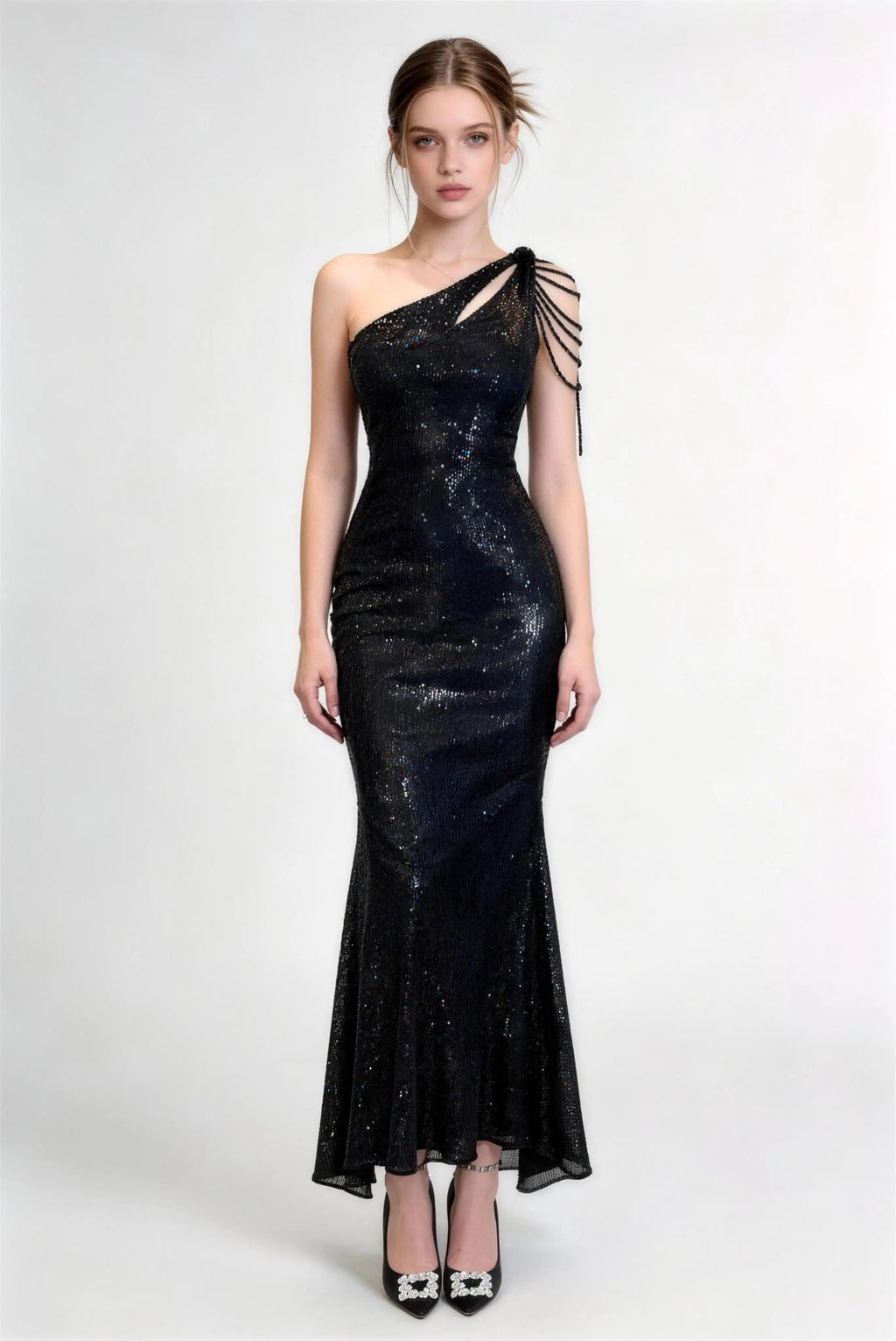 Phoehua Black One‑Shoulder Beaded Fringe Sequin Mermaid Maxi Dress, Front View High‑Waist Bodycon Open‑Back Elegant Formal Evening Party Gown