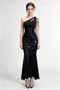 Phoehua Black One‑Shoulder Beaded Fringe Sequin Mermaid Maxi Dress, Front View High‑Waist Bodycon Open‑Back Elegant Formal Evening Party Gown