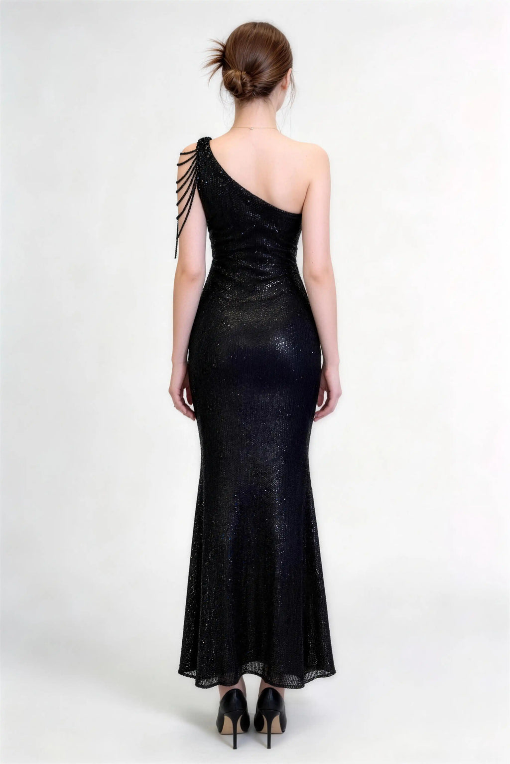 Phoehua Back View of Black One‑Shoulder Fringe Sequin Dress, Open‑Back High‑Waist Mermaid Formal Evening Gown