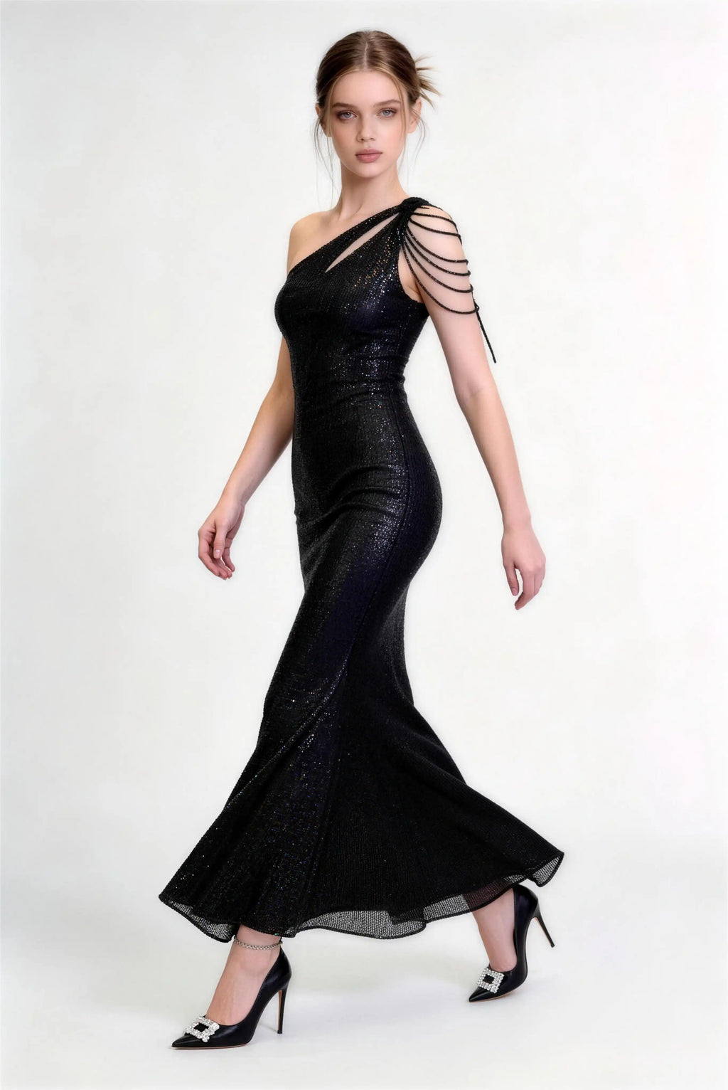 Phoehua Walking Pose of Black One‑Shoulder Sequin Mermaid Maxi Dress, Beaded Fringe Open‑Back Glamorous Formal Party Gown