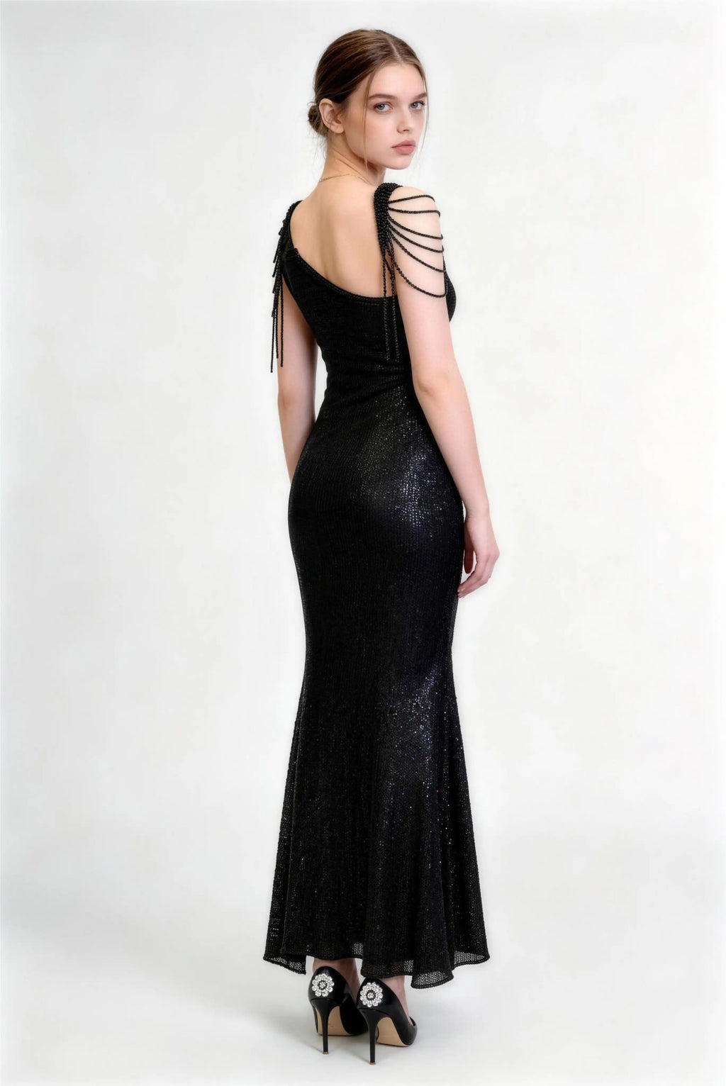 One‑Shoulder Fringe Sequin Mermaid Formal Evening Gown