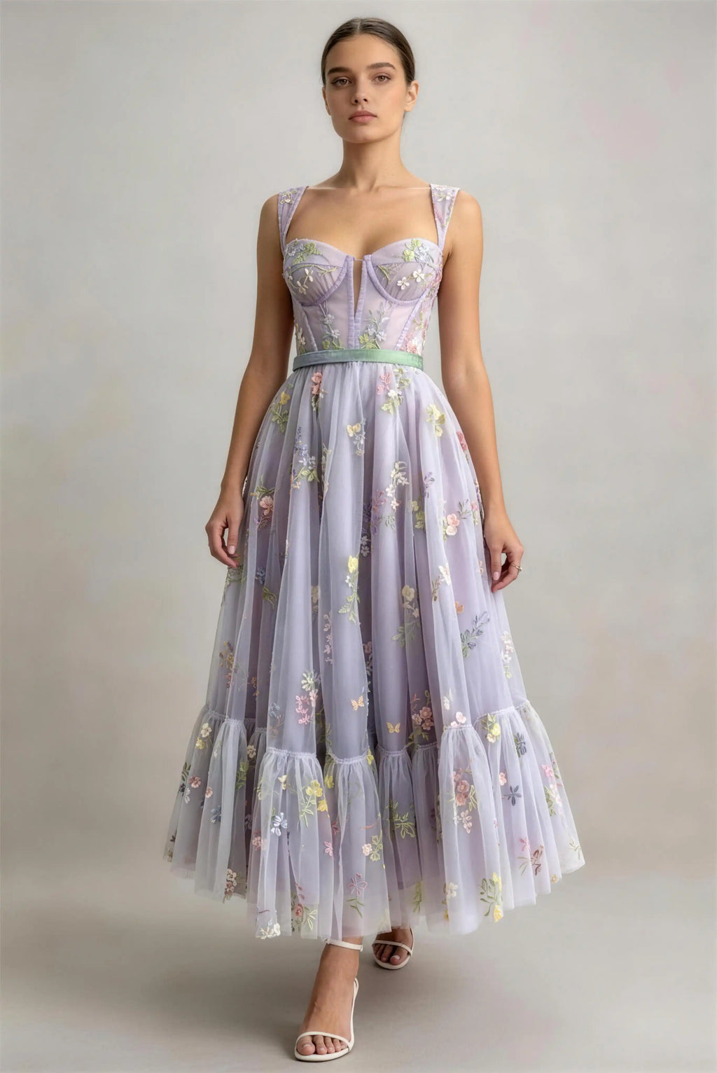 Phoehua Lavender Spaghetti Strap Corset Floral Embroidered Tulle A‑Line Midi Dress, Front View Lace‑Up Back Waist‑Cinch Romantic Garden Party Formal Gown