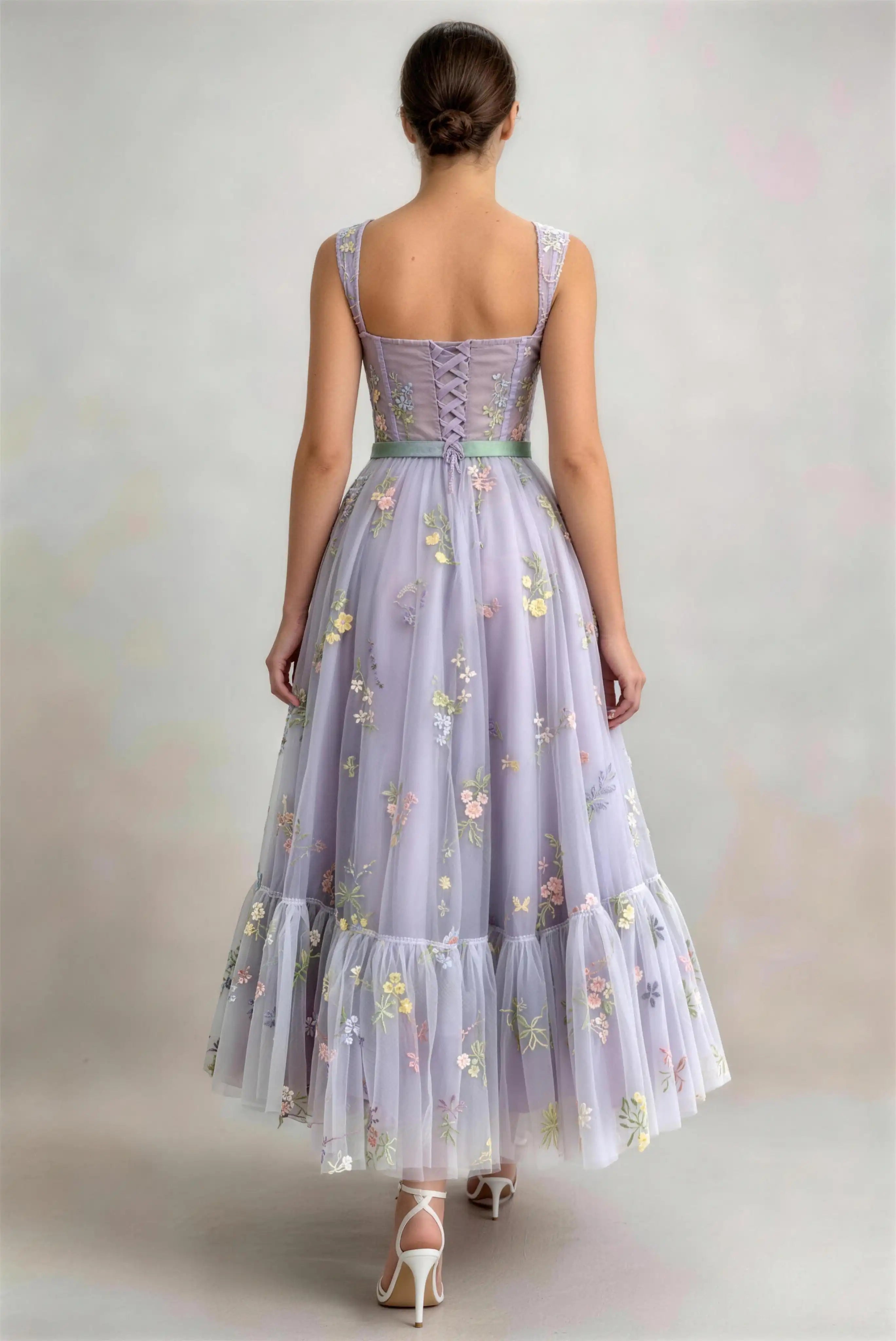 Phoehua Back View of Lavender Corset Floral Embroidered Tulle Dress, Crisscross Lace‑Up Back Waist‑Cinch Midi Formal Evening Gown