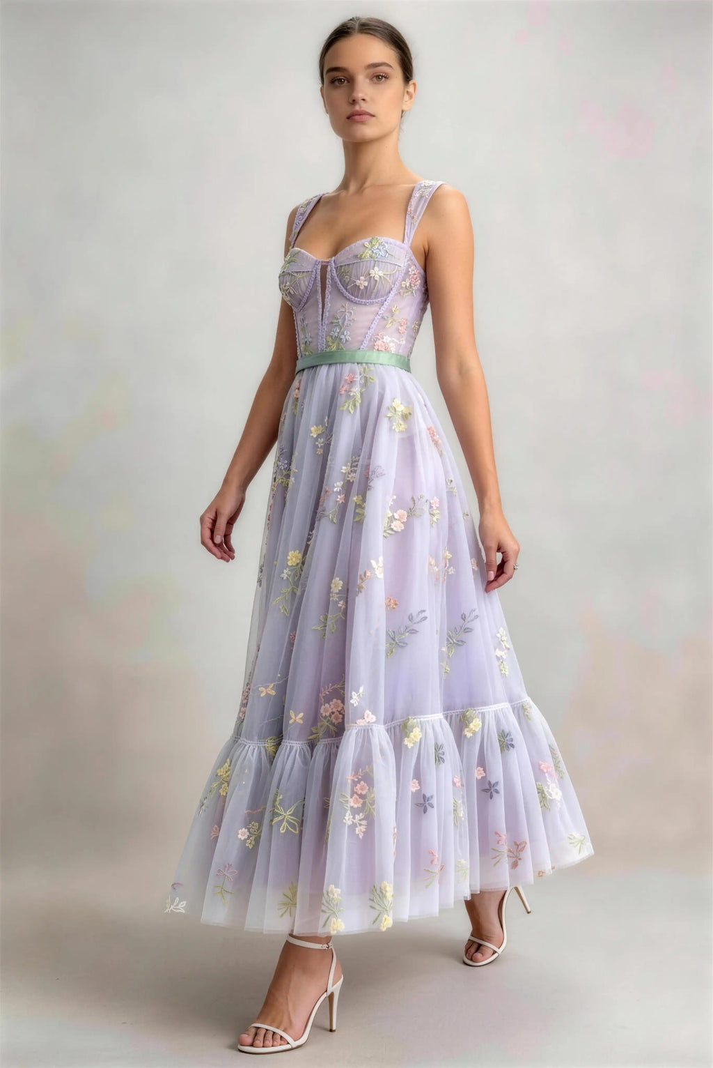 Phoehua Side View of Lavender Floral Embroidered Corset Midi Gown, Spaghetti Strap A‑Line Tulle Romantic Garden Party Dress