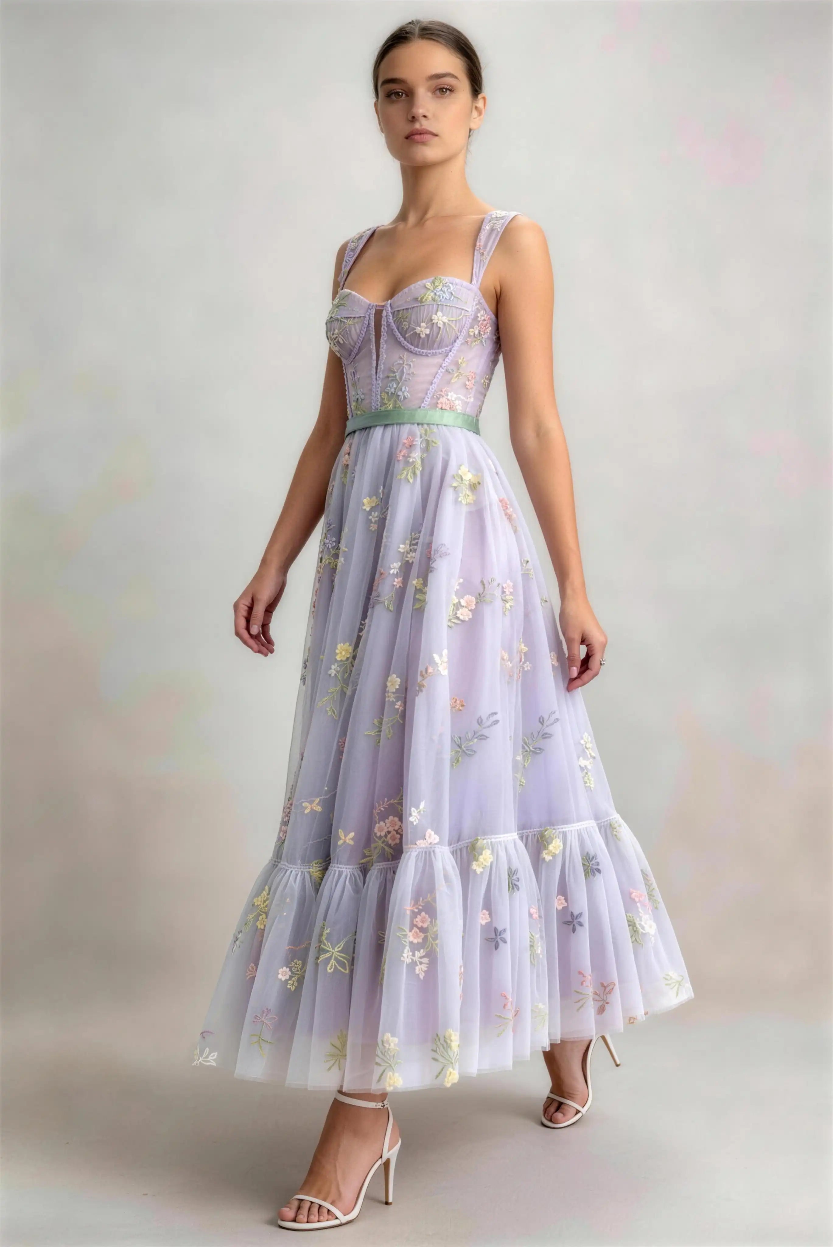 Phoehua Side View of Lavender Floral Embroidered Corset Midi Gown, Spaghetti Strap A‑Line Tulle Romantic Garden Party Dress