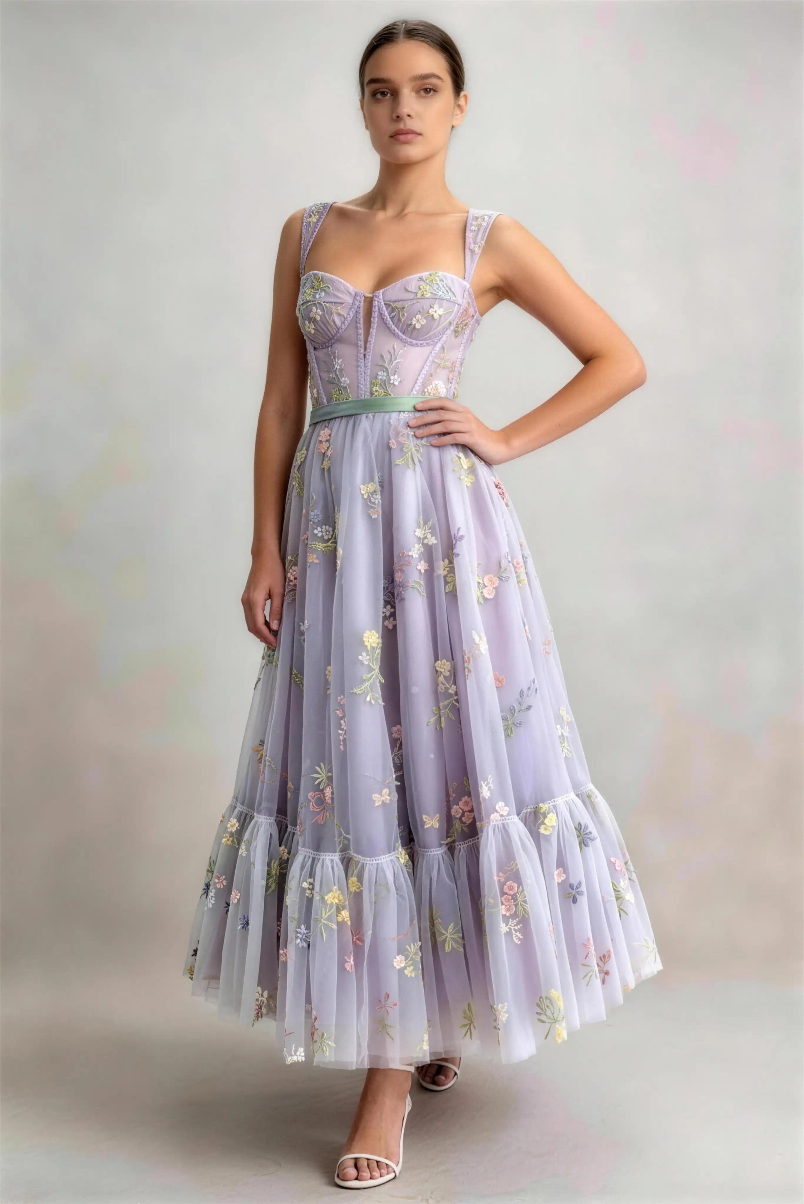 Phoehua Front Pose of Lavender Corset‑Bodice Tulle Dress, Colorful Floral Embroidery Waist‑Cinch Lace‑Up Back Formal Midi Gown