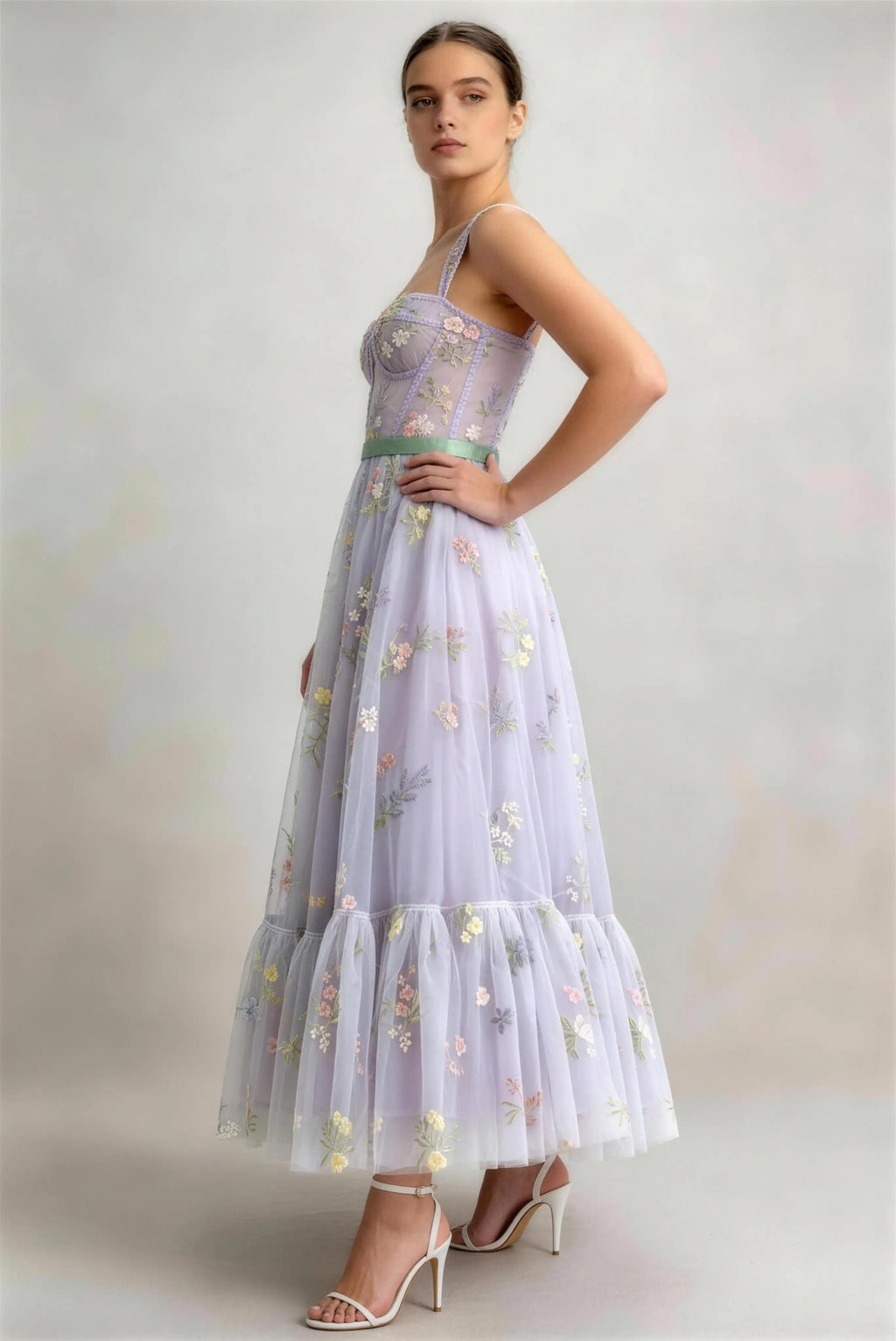 Phoehua Back Side View of Lavender Spaghetti Strap Midi Dress, Corset Bodice Floral Embroidered Ruffle‑Hem Romantic Formal Party Gown