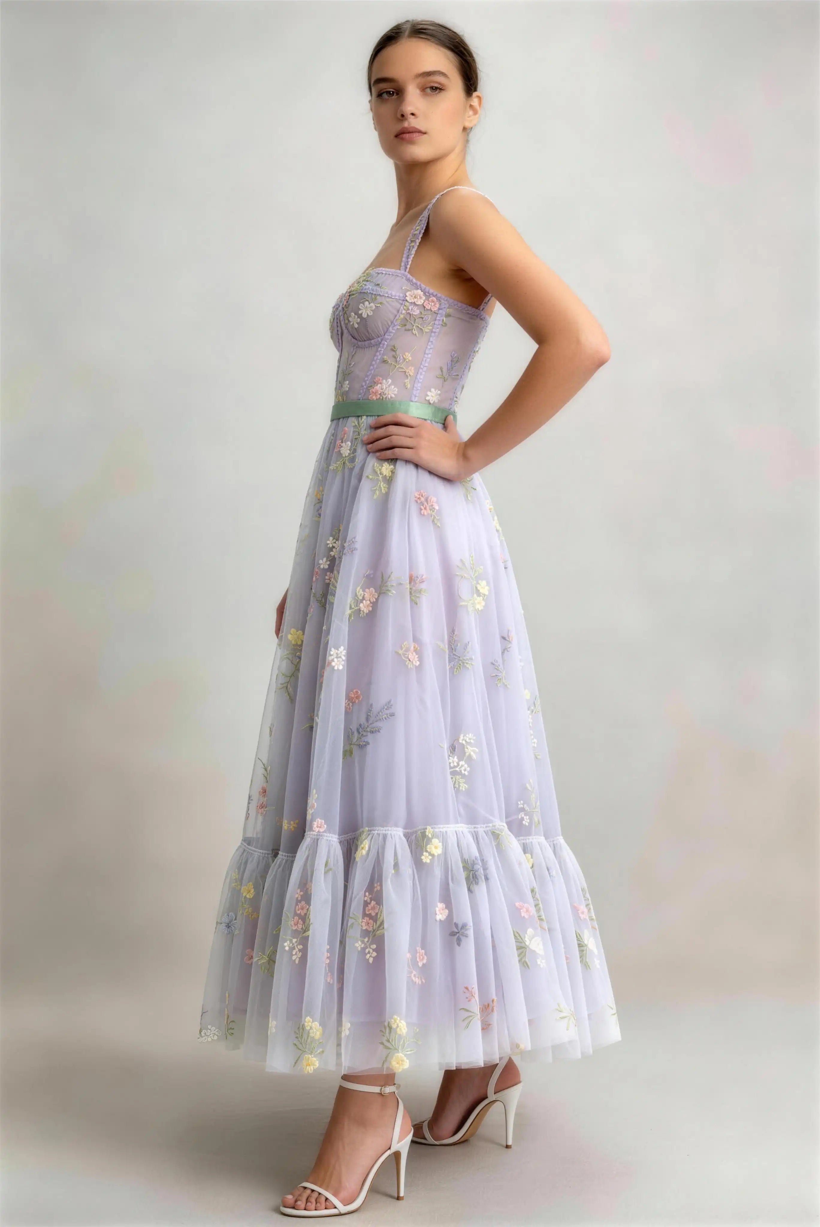 Phoehua Back Side View of Lavender Spaghetti Strap Midi Dress, Corset Bodice Floral Embroidered Ruffle‑Hem Romantic Formal Party Gown