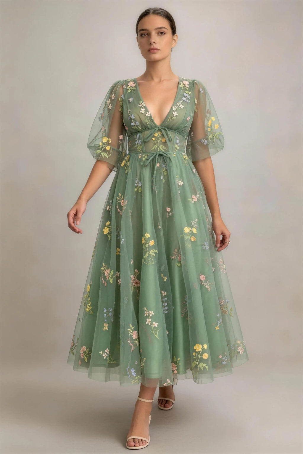 Phoehua Sage Green Deep V‑Neck Puff Short Sleeve Floral Embroidered Tulle A‑Line Midi Dress, Front View Mid‑Waist Tie Front Open‑Back Romantic Garden Wedding Guest Formal Gownc