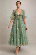 Phoehua Sage Green Deep V‑Neck Puff Short Sleeve Floral Embroidered Tulle A‑Line Midi Dress, Front View Mid‑Waist Tie Front Open‑Back Romantic Garden Wedding Guest Formal Gownc