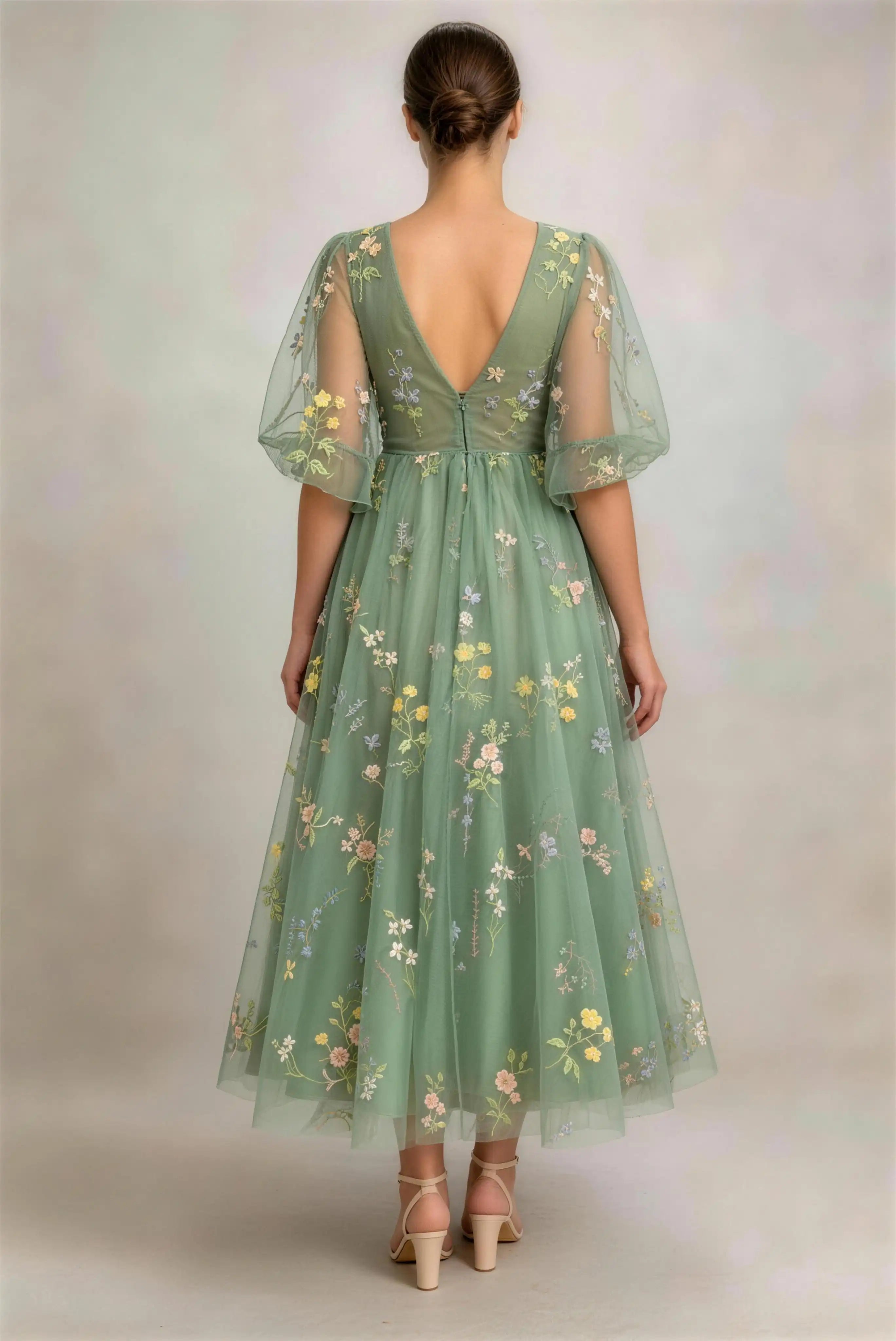 Phoehua Back View of Sage Green Floral Embroidered Tulle Dress, Deep V Open‑Back Mid‑Waist A‑Line Midi Formal Evening Gown