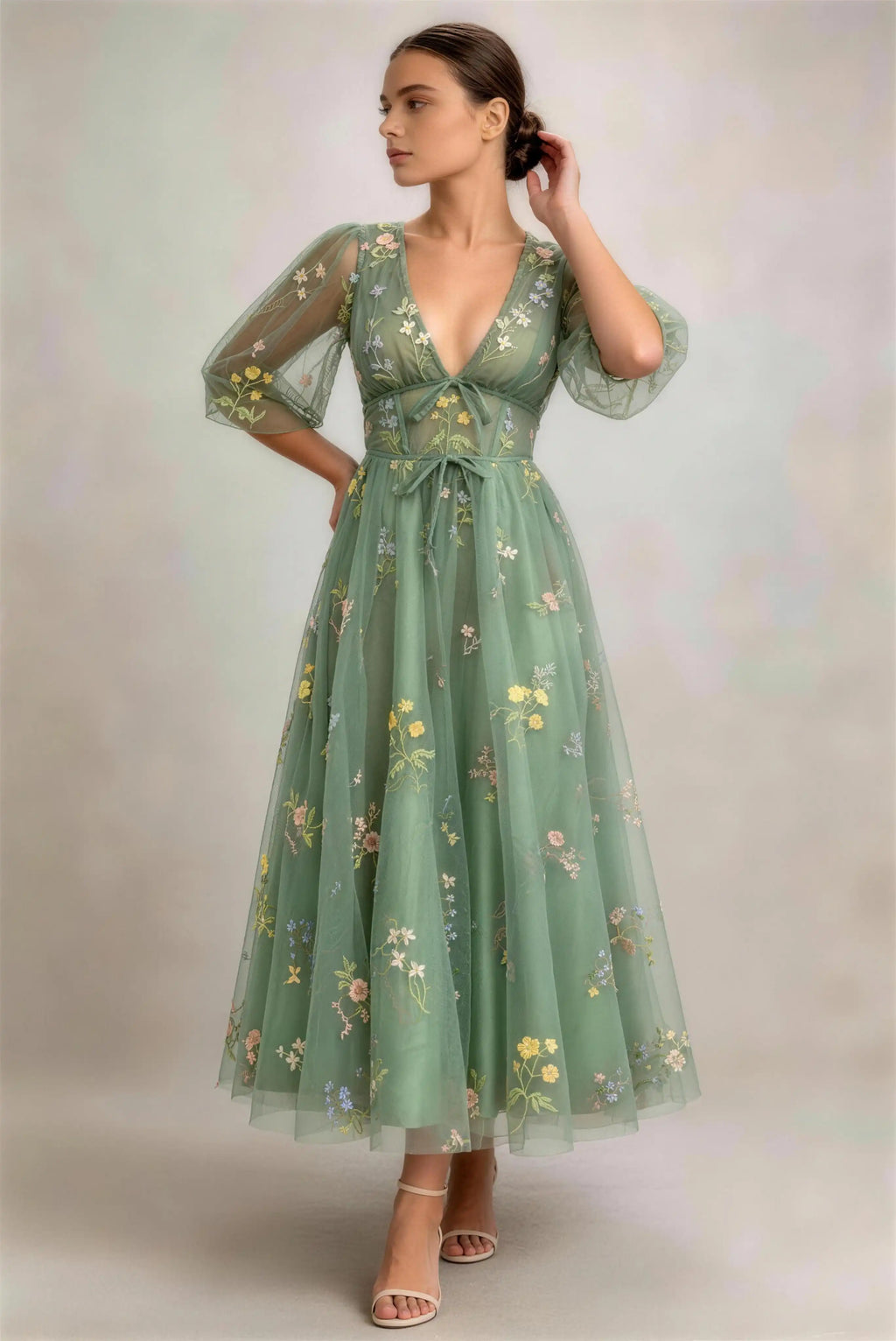 Phoehua Side View of Sage Green Puff Sleeve Floral Embroidered Midi Gown, Deep V‑Neck Tie‑Front Tulle Romantic Garden Party Dress