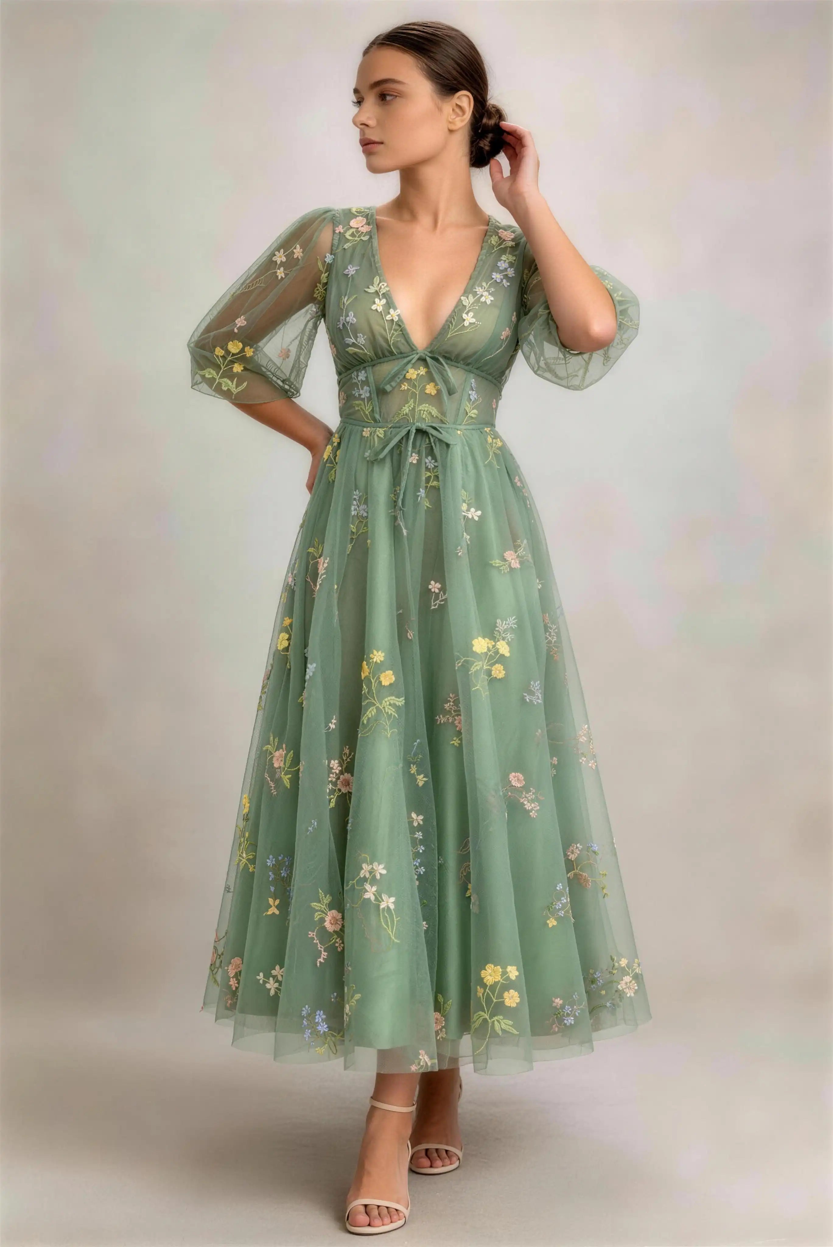Phoehua Side View of Sage Green Puff Sleeve Floral Embroidered Midi Gown, Deep V‑Neck Tie‑Front Tulle Romantic Garden Party Dress