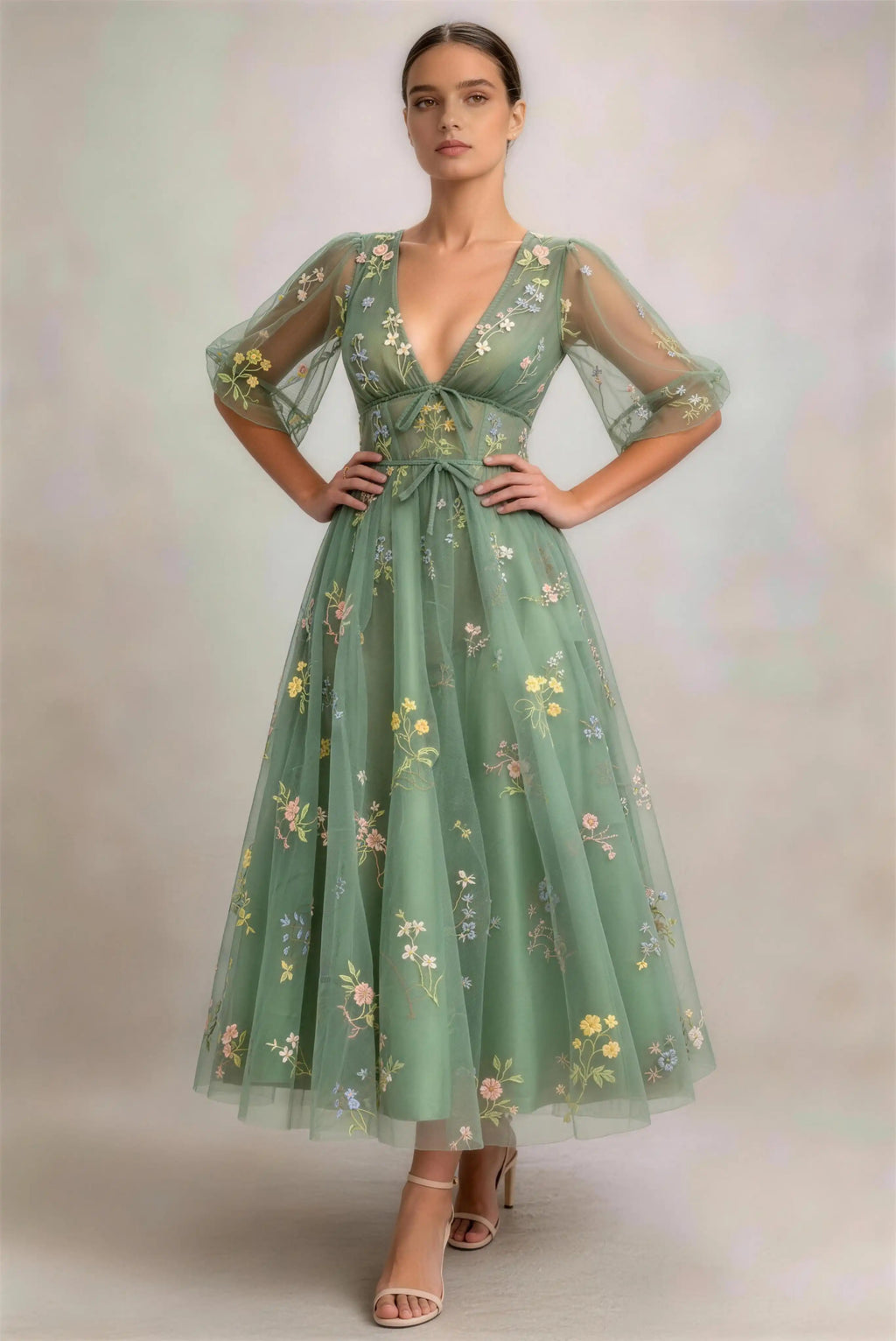 Phoehua Front Pose of Sage Green Tie‑Front Tulle Dress, Colorful Floral Embroidery Puff‑Sleeve Open‑Back Formal Midi Gown