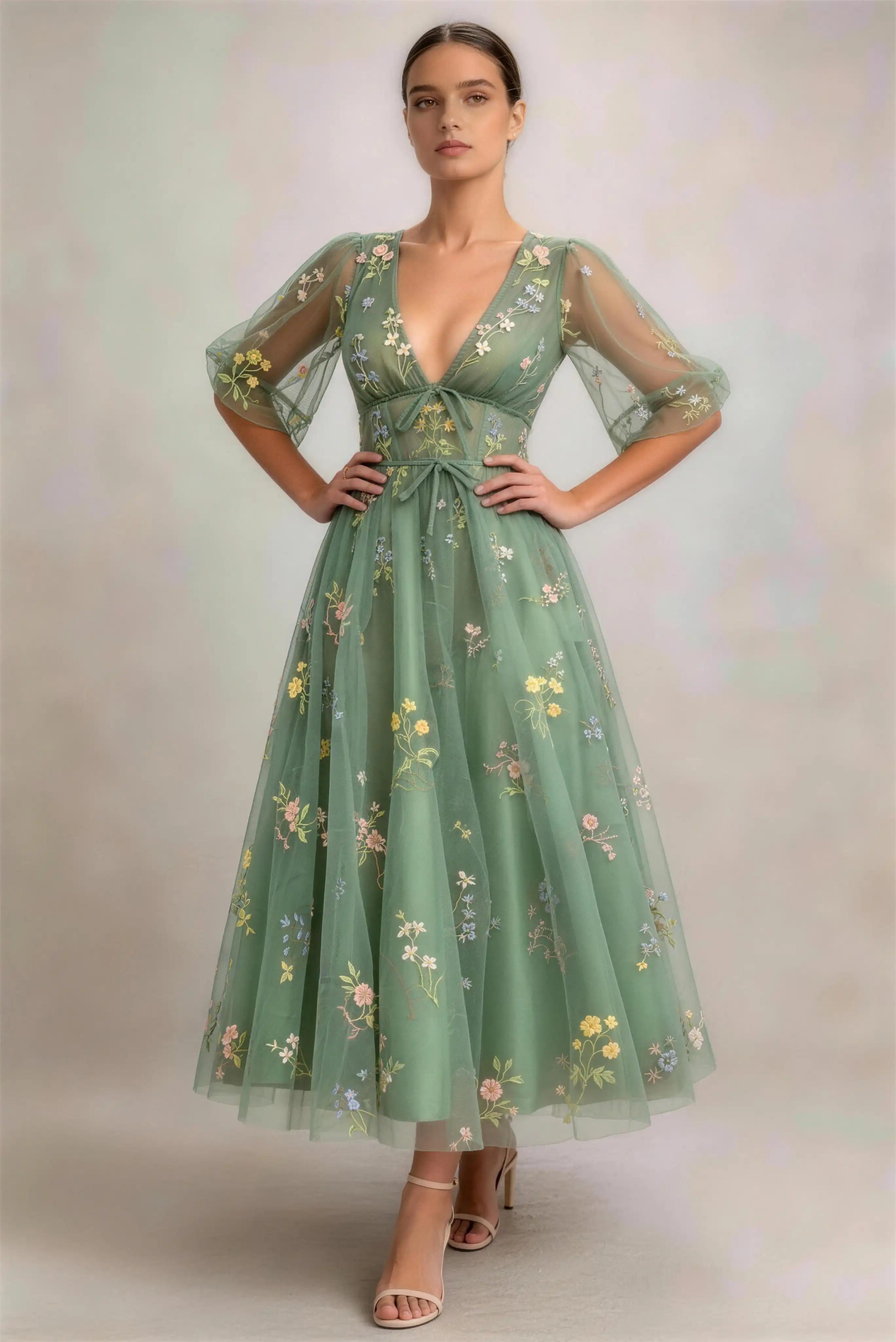 Phoehua Front Pose of Sage Green Tie‑Front Tulle Dress, Colorful Floral Embroidery Puff‑Sleeve Open‑Back Formal Midi Gown