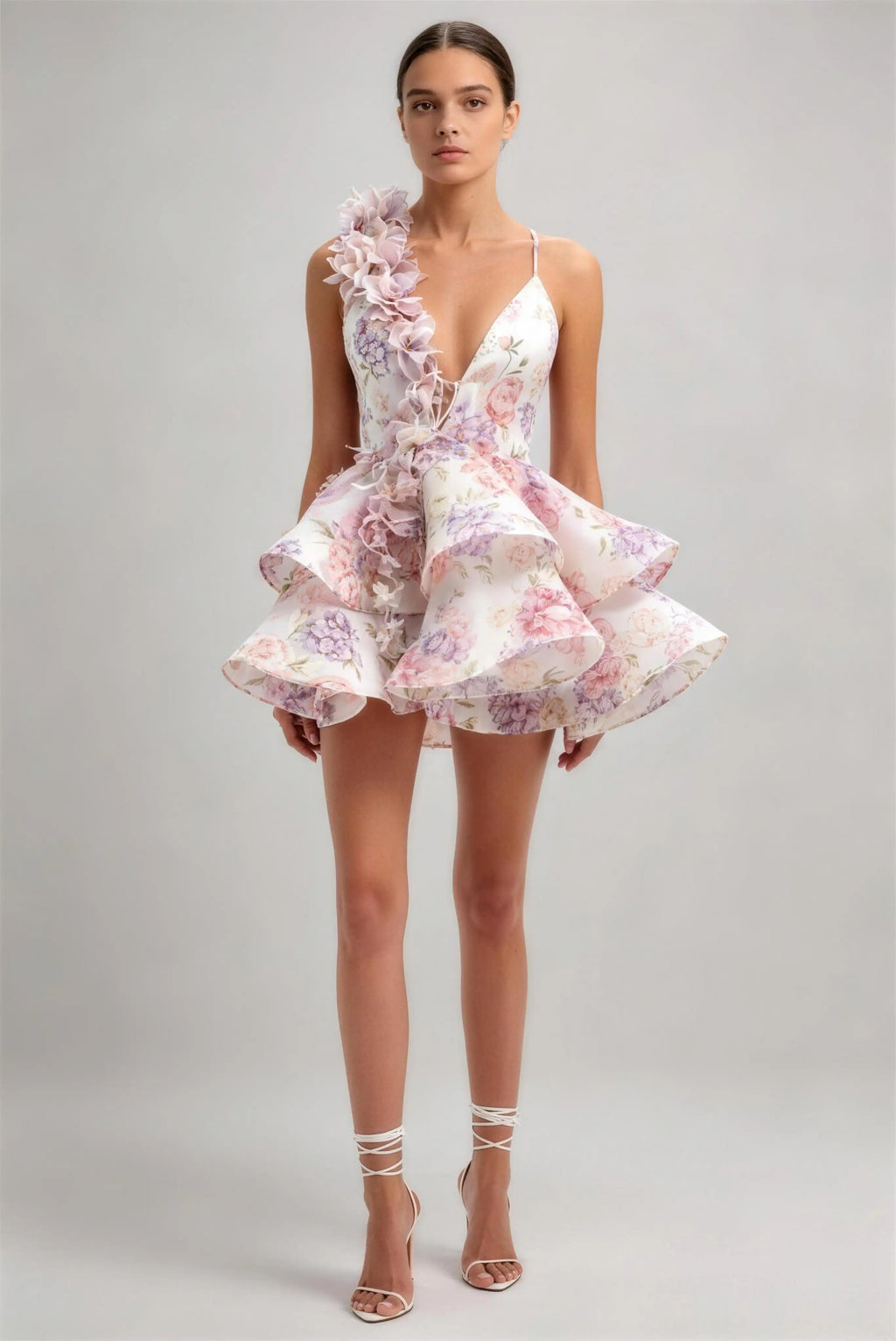 Phoehua Pink Floral Print 3D Floral Applique Deep V‑Neck Ruffled Mini Dress, Front View Crisscross Lace‑Up Back Sexy Mid‑Waist Cocktail Party Gown