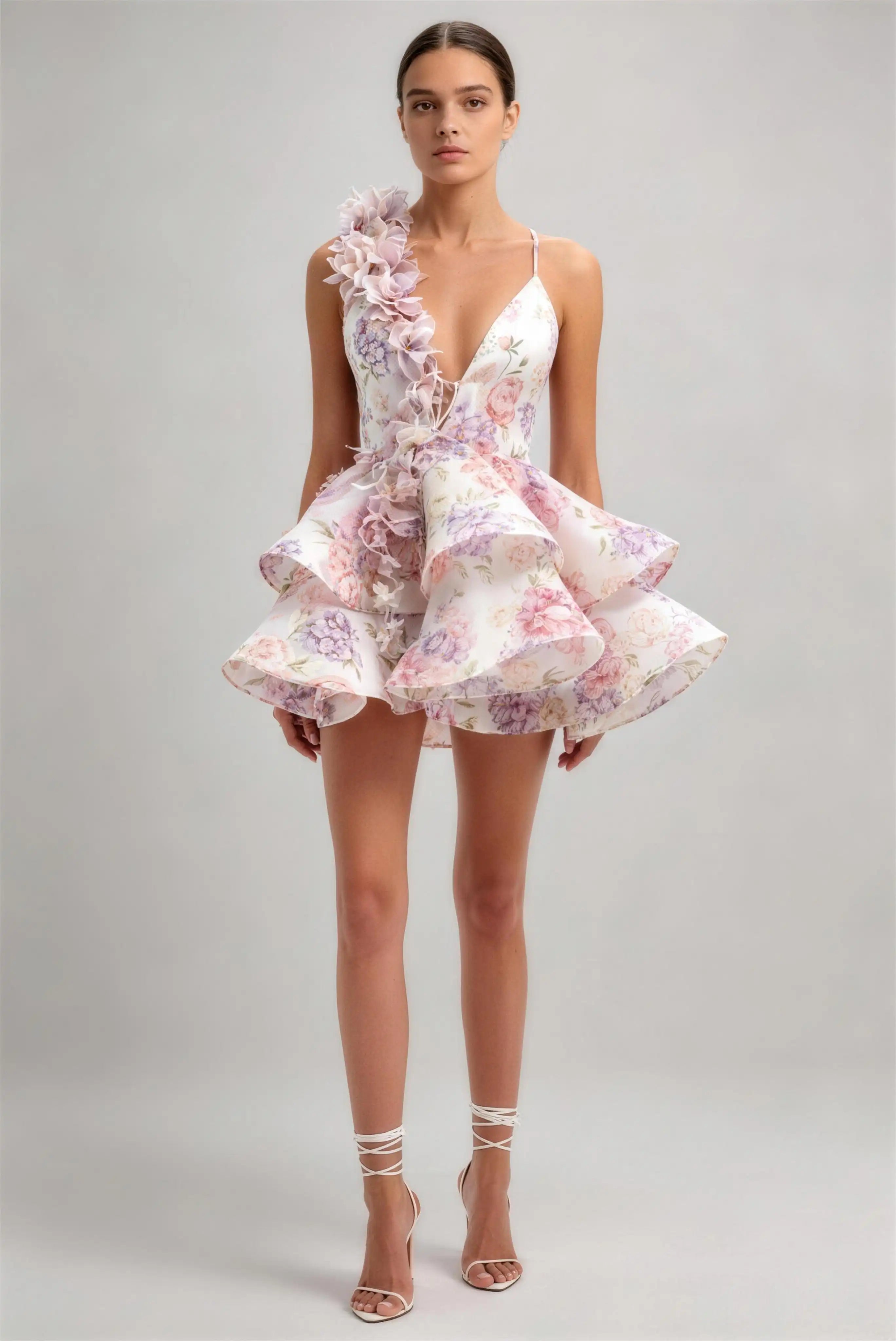 Phoehua Pink Floral Print 3D Floral Applique Deep V‑Neck Ruffled Mini Dress, Front View Crisscross Lace‑Up Back Sexy Mid‑Waist Cocktail Party Gown