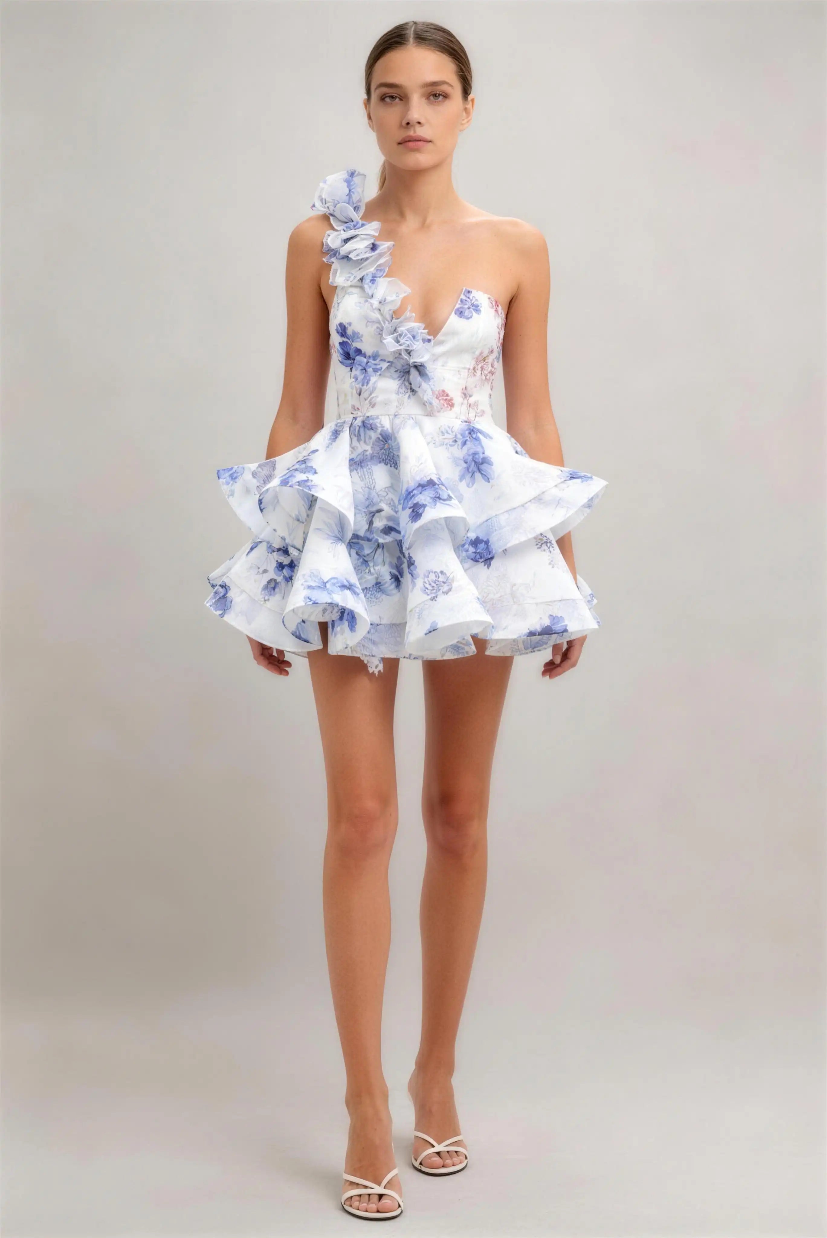 Phoehua Blue Floral Print 3D Floral Applique Deep V‑Neck Mini Dress, Front View Crisscross Lace‑Up Back Sexy Romantic Homecoming Party Dress