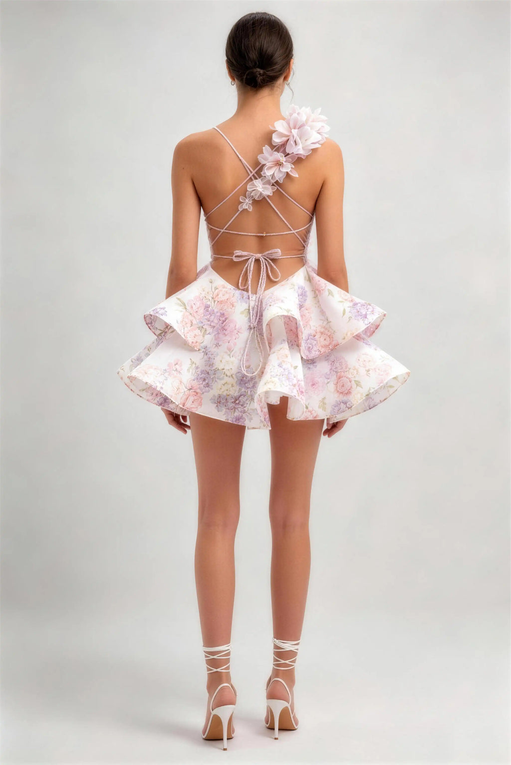 Phoehua Back View of Pink Floral Print Mini Dress, 3D Floral Applique Crisscross Lace‑Up Back Ruffled Sexy Short Formal Gown