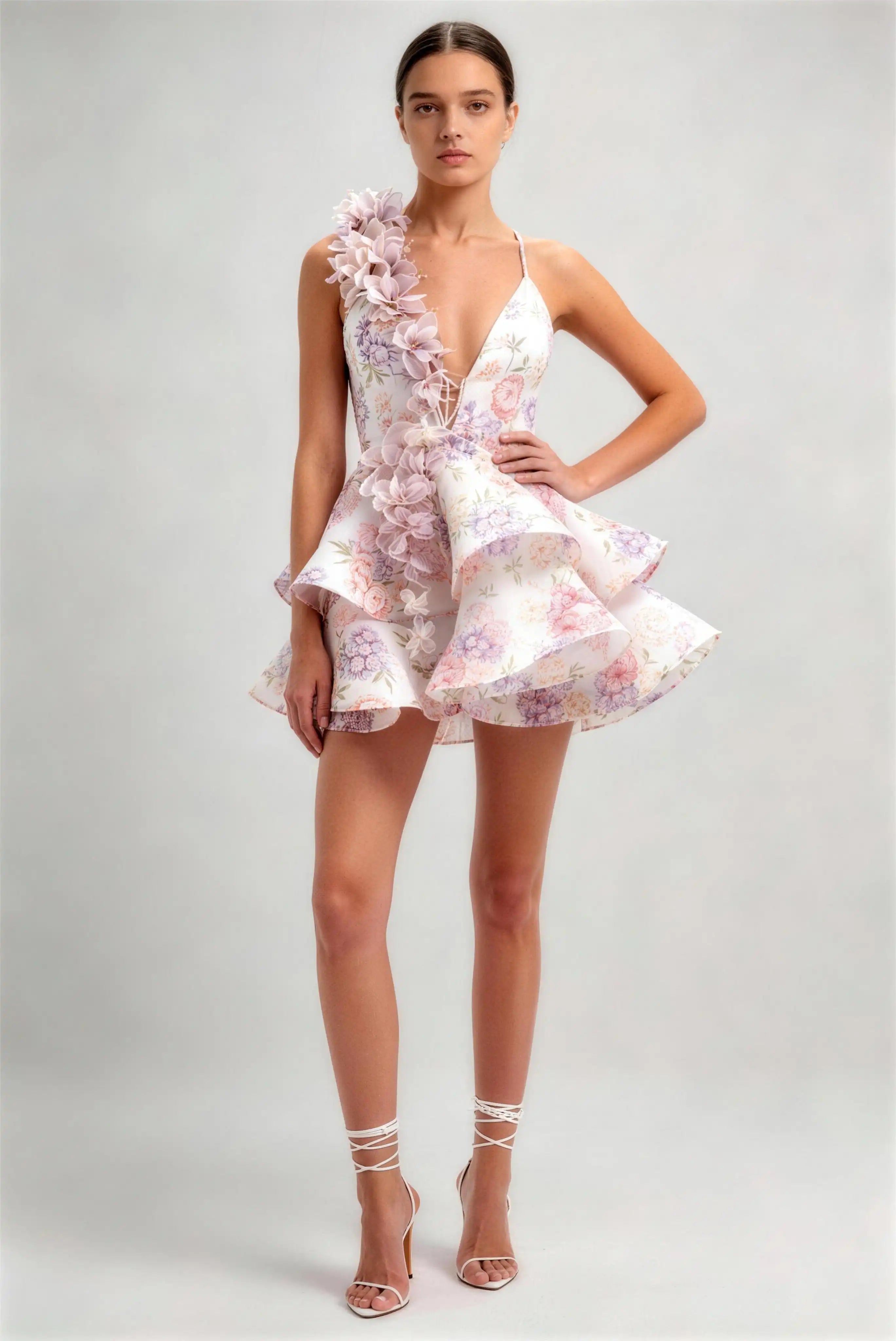 3d floral mini dress Sleeveless Straps Square Neck A Line - SMALL / PINK Halter neckline has loop Roseate 3D Floral Mini Dress