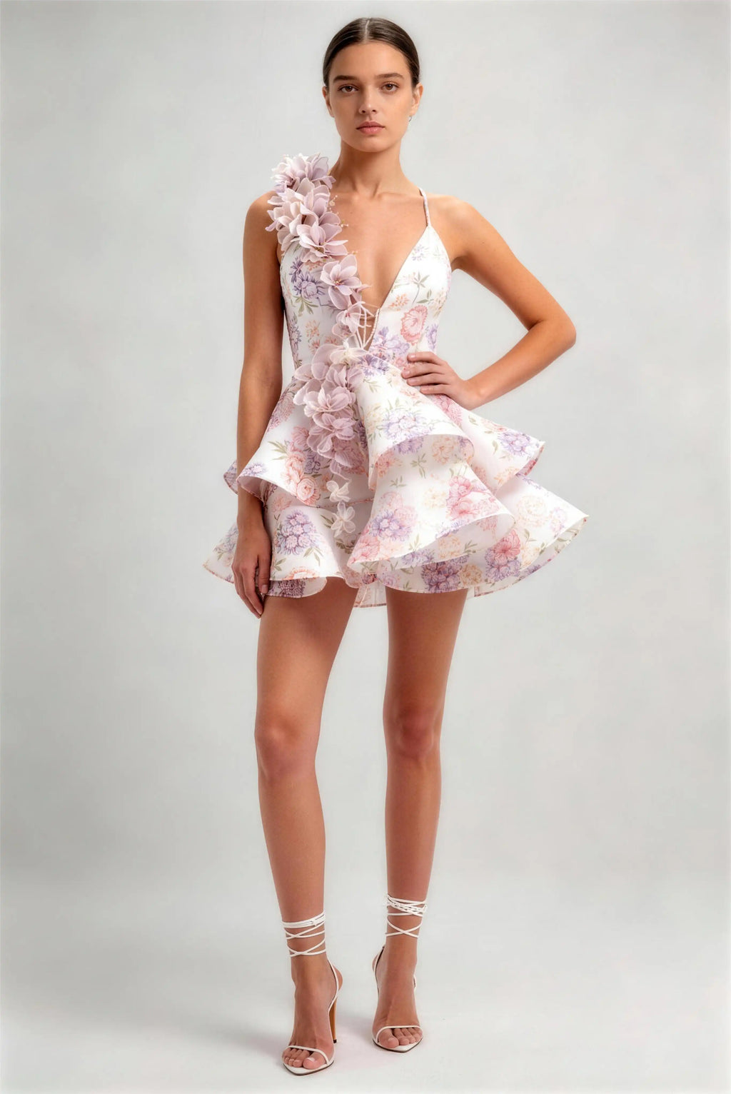 Phoehua Side Pose of Pink Floral Print 3D Floral Applique Mini Dress, Deep V‑Neck Lace‑Up Back Ruffled Romantic Cocktail Party Gown
