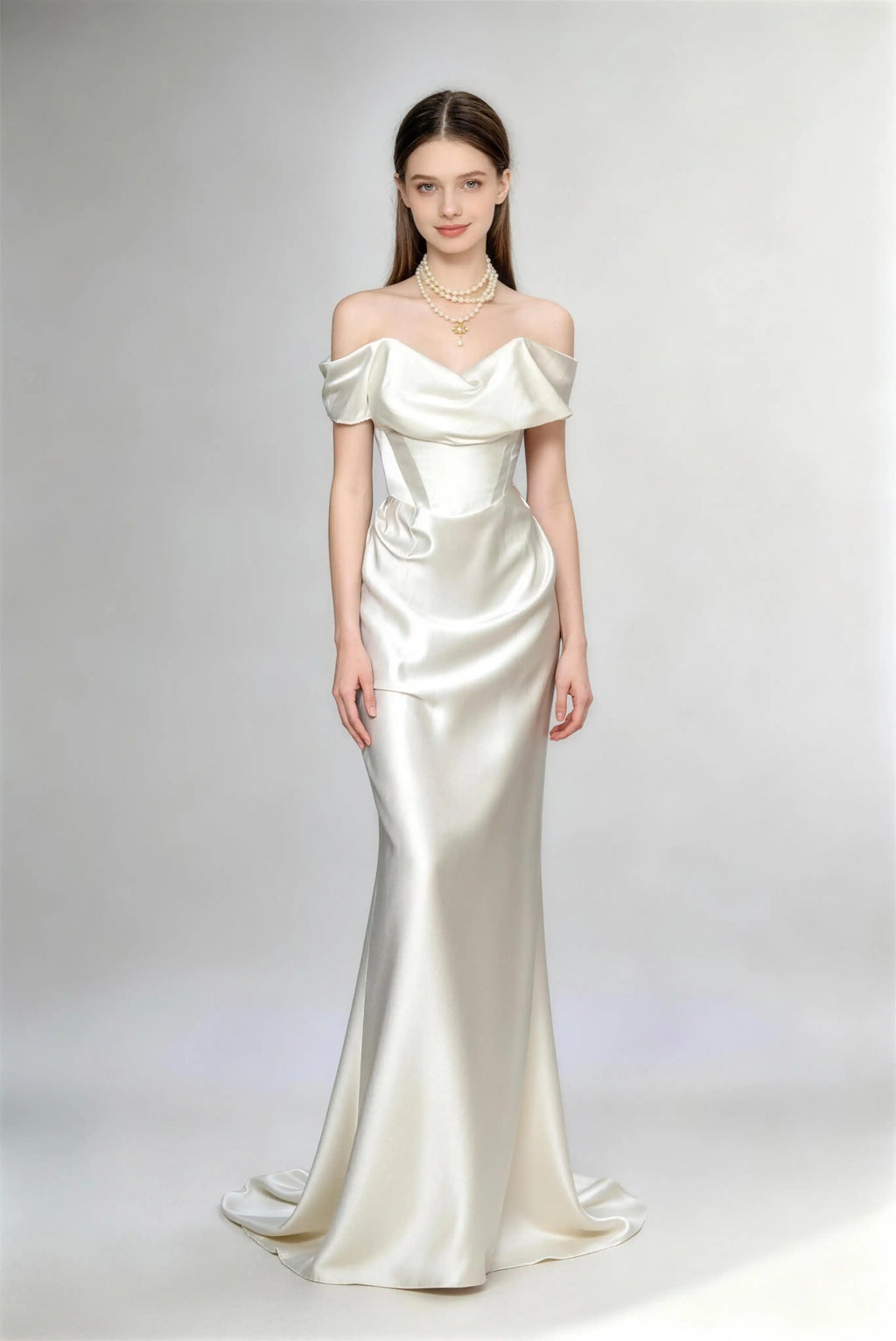 Phoehua Ivory White Off‑The‑Shoulder Draped Cowl Neck Satin Mermaid Wedding Dress, Front View Corset Waist Open‑Back Elegant Bridal Formal Evening Gown