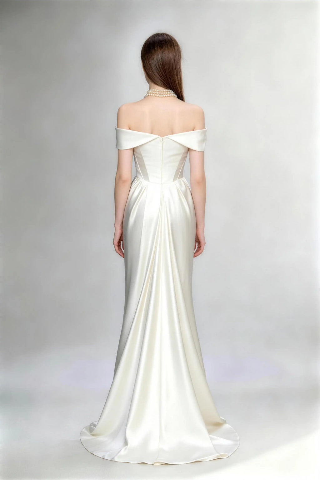 Phoehua Back View of Ivory White Off‑Shoulder Satin Mermaid Bridal Dress, Corset Waist Open‑Back Minimalist Luxury Wedding Gown