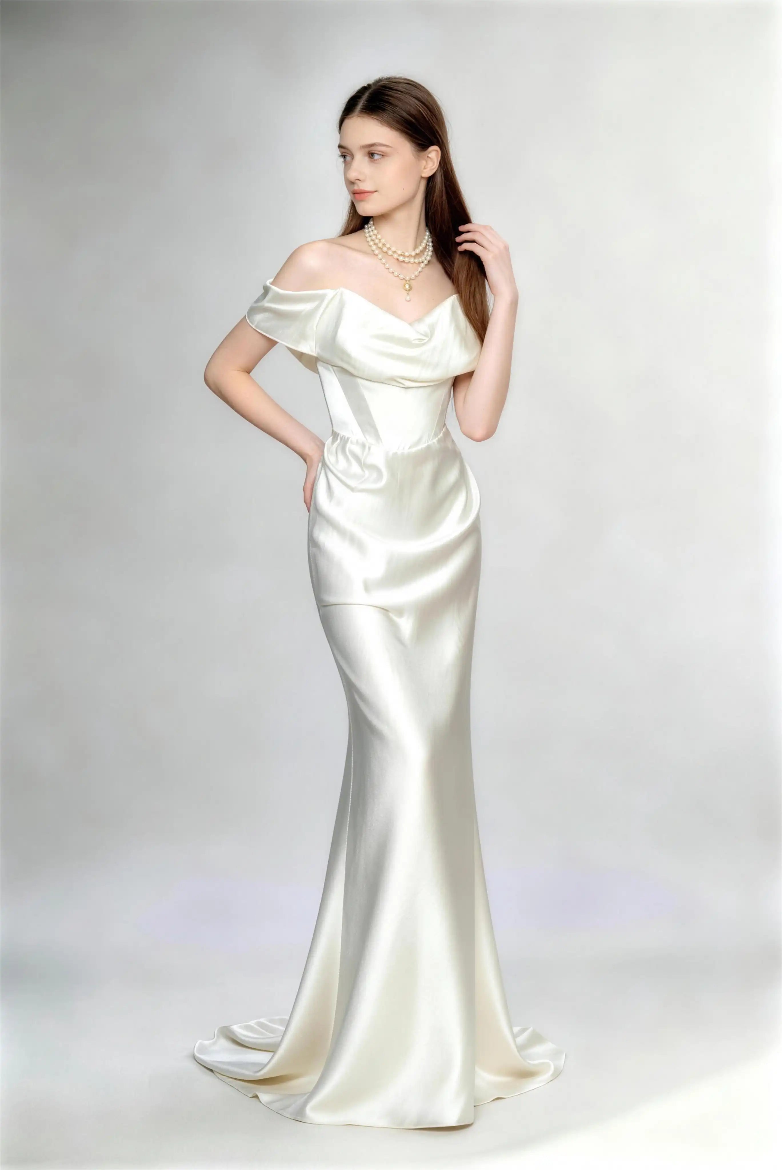 Phoehua Side View of Ivory White Draped Cowl Neck Satin Wedding Gown, Off‑Shoulder Corset‑Waist Mermaid Elegant Bridal Evening Dress