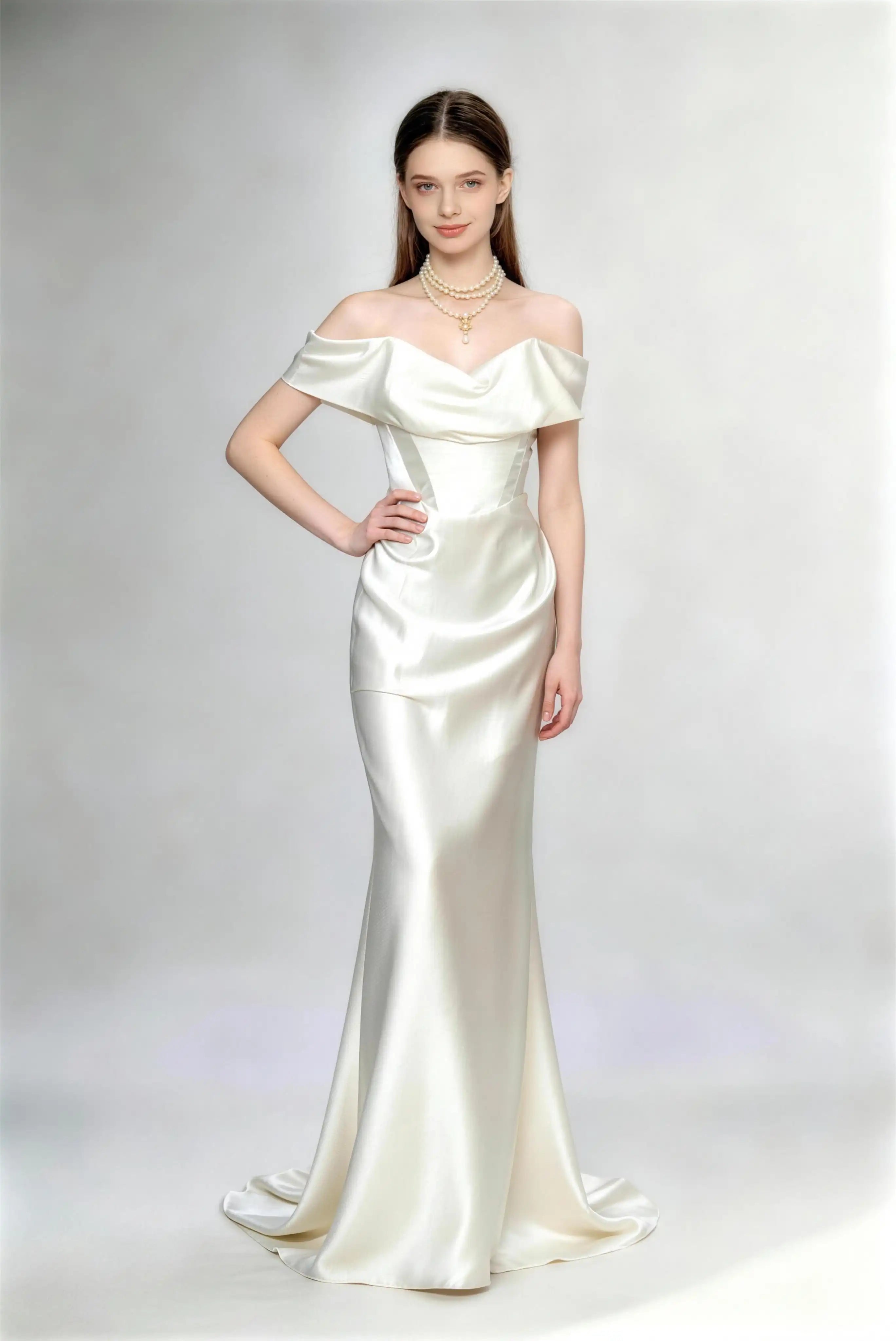 Phoehua Front Pose of Ivory White Off‑Shoulder Satin Mermaid Bridal Gown, Corset Waist Draped Cowl Neck Open‑Back Formal Wedding Dress