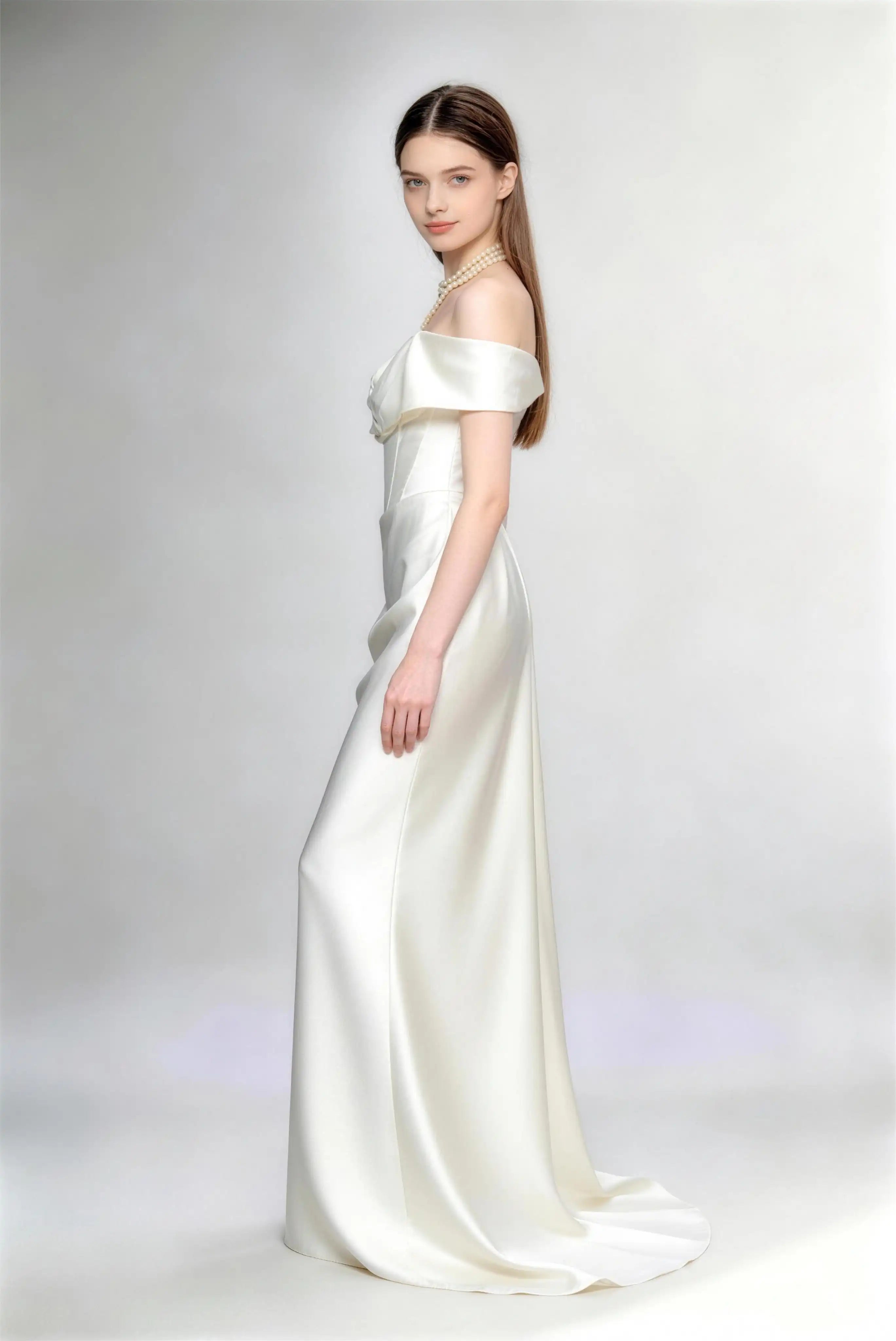 Phoehua Side Profile of Ivory White Minimalist Satin Wedding Dress, Off‑Shoulder Corset‑Waist Mermaid Open‑Back Elegant Bridal Gown