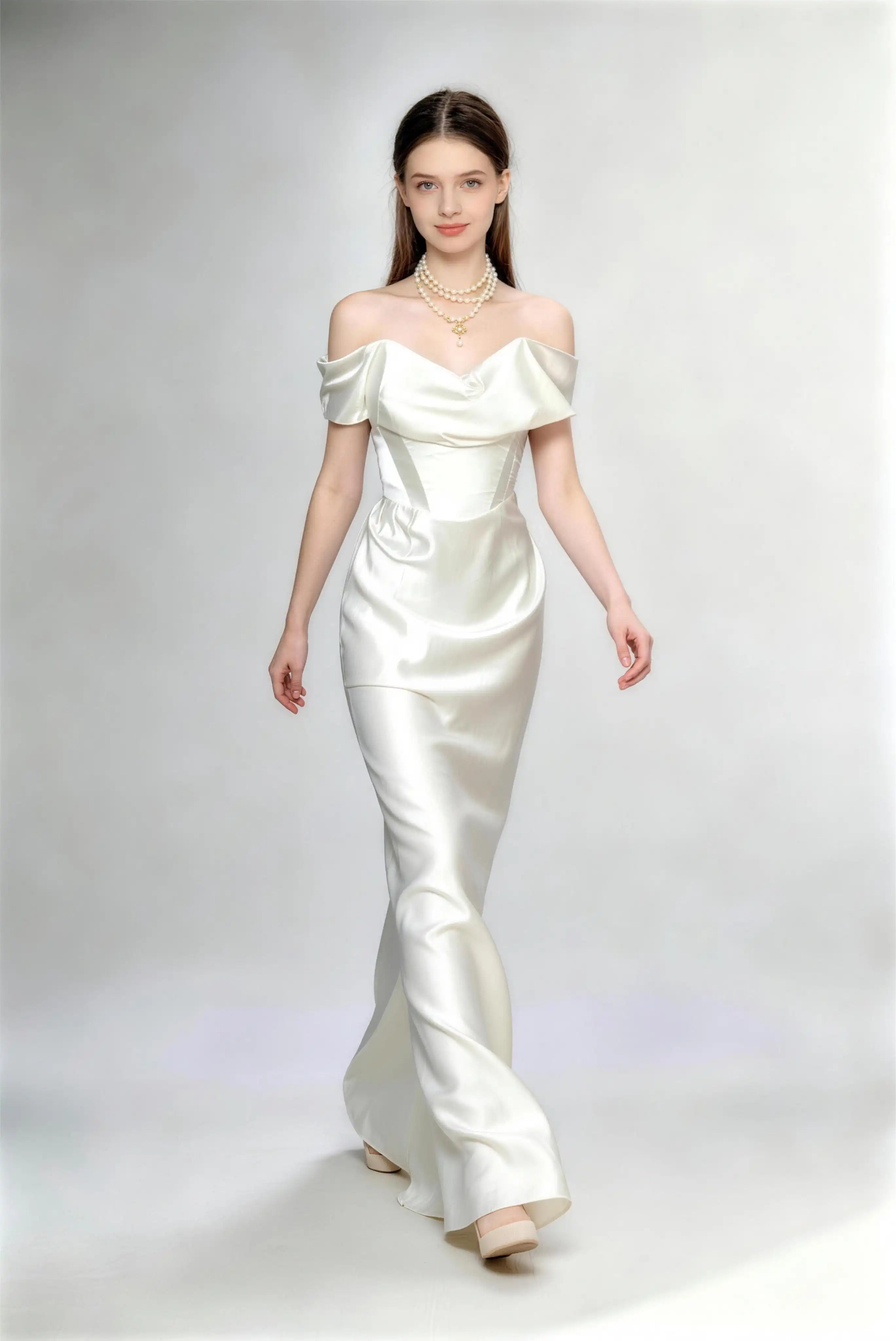 Off‑Shoulder Draped Satin Mermaid Bridal Wedding Dress