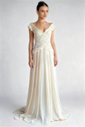 Phoehua Apricot Ivory Off‑The‑Shoulder Petal Short Sleeve Lace Chiffon A‑Line Wedding Dress, Front View Mid‑Waist Pleated Open‑Back Elegant Bridal Formal Evening Gown